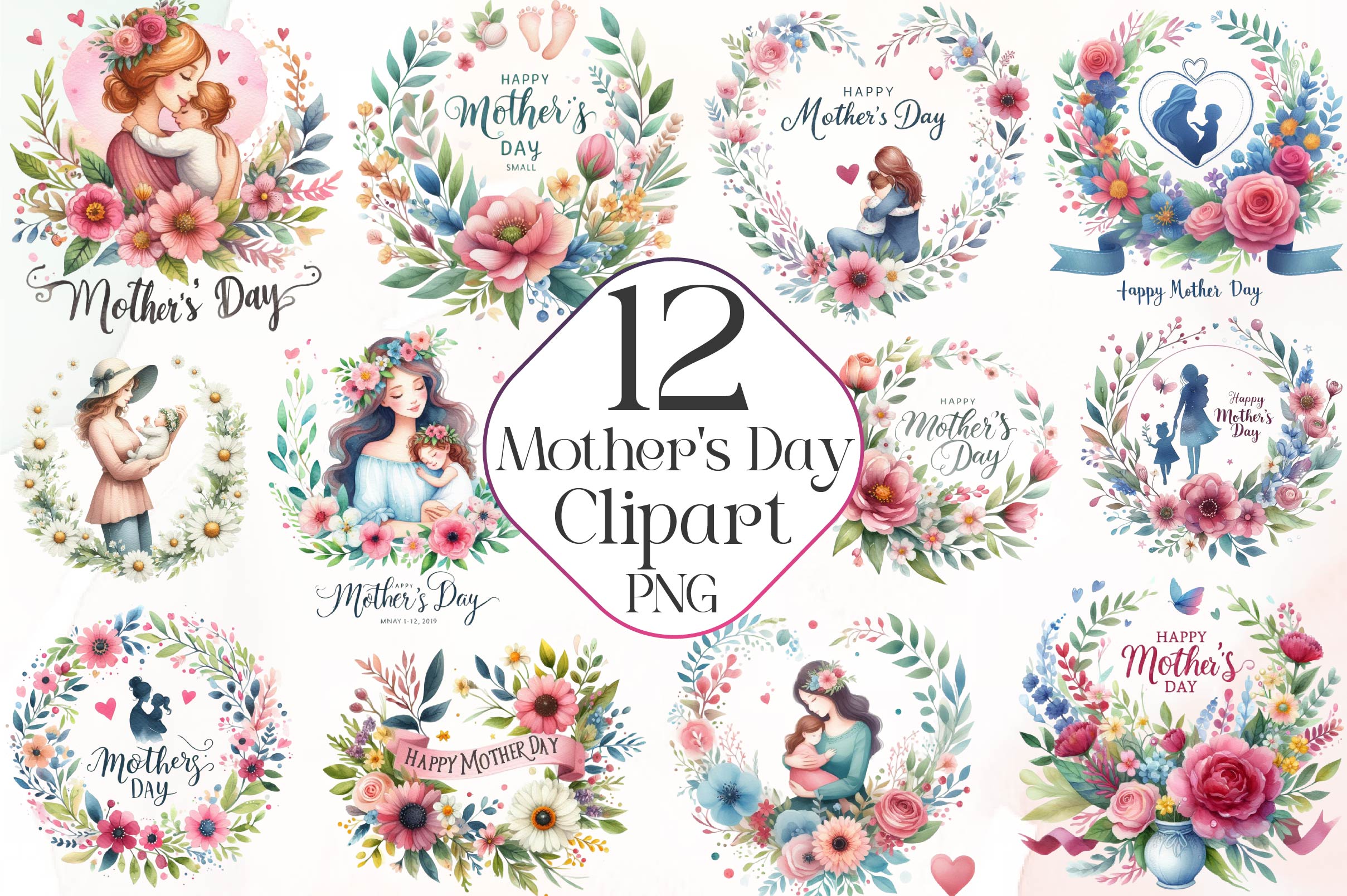 Happy Mother'S Day Floral Clipart Bundle