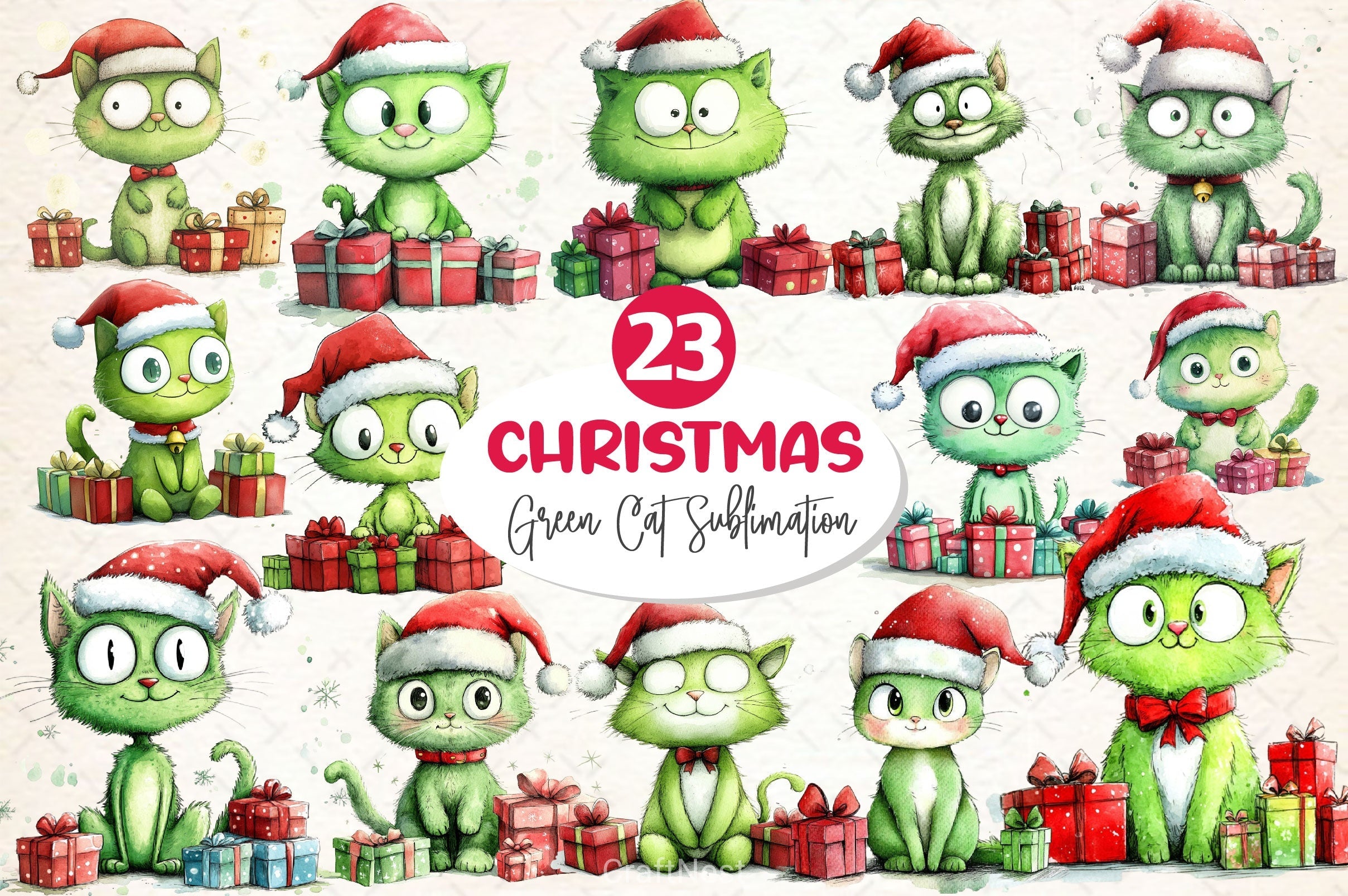 Christmas Green Cat Clipart Bundle