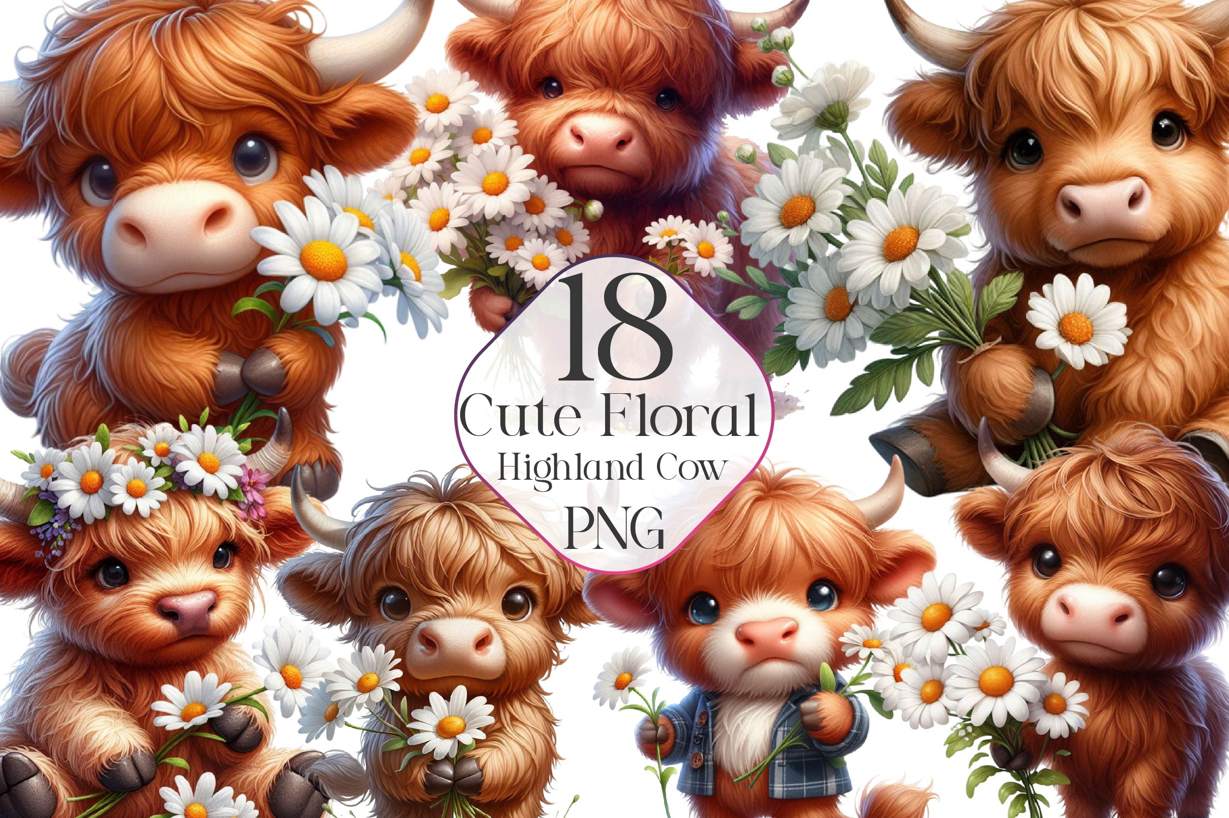 Cute Floral Highland Cow Clipart Bundle