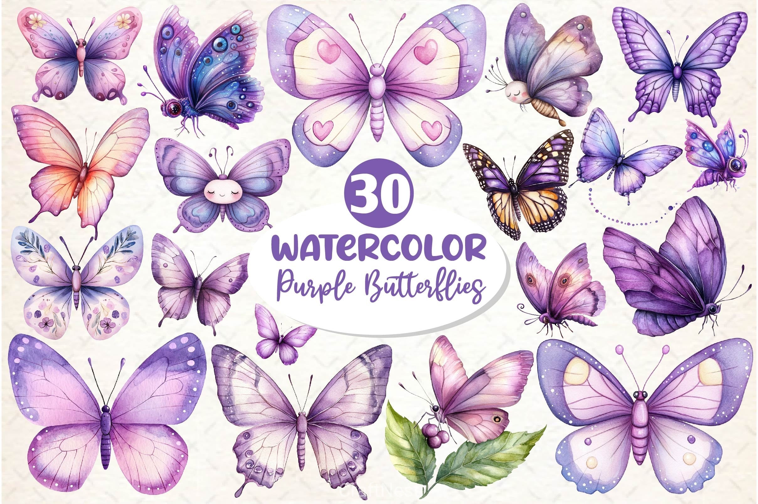 Pastel Purple Butterflies Clipart Bundle