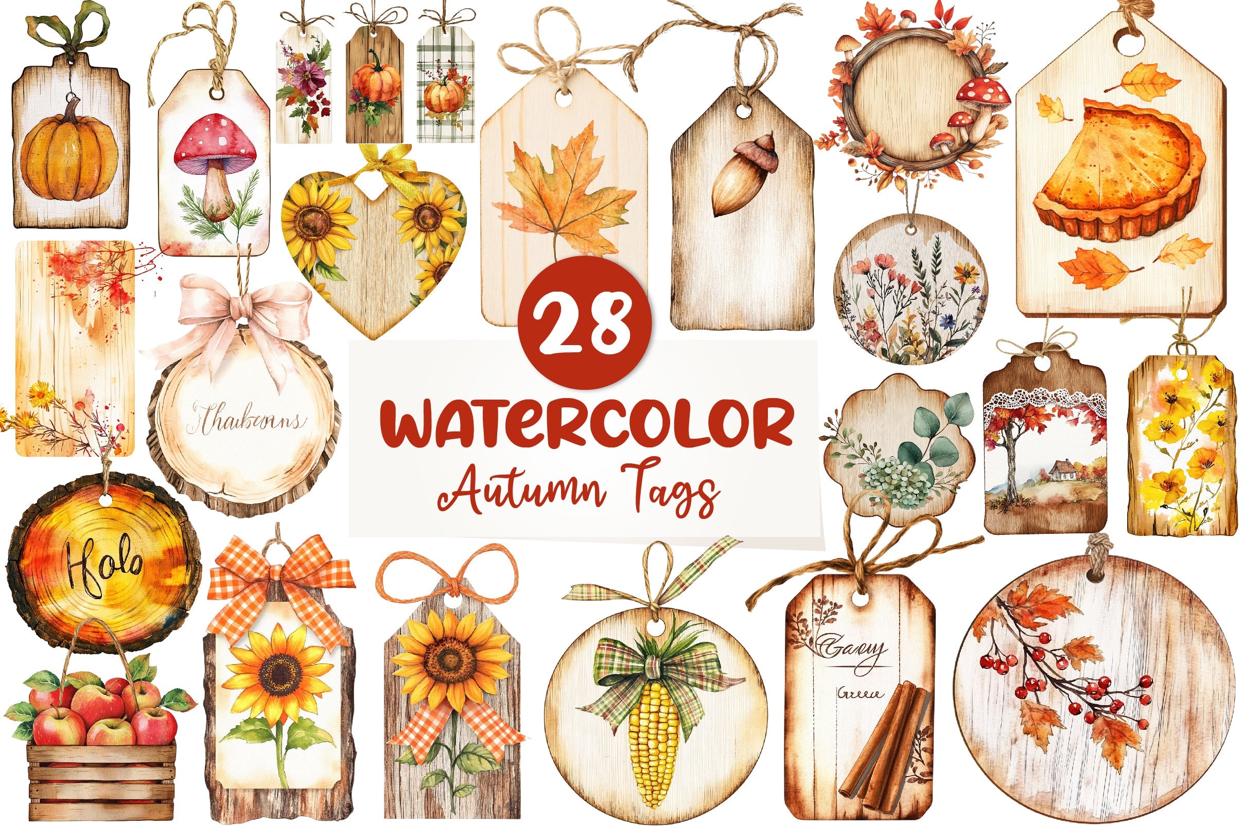 Vintage Wooden Autumn Tags Clipart Bundle