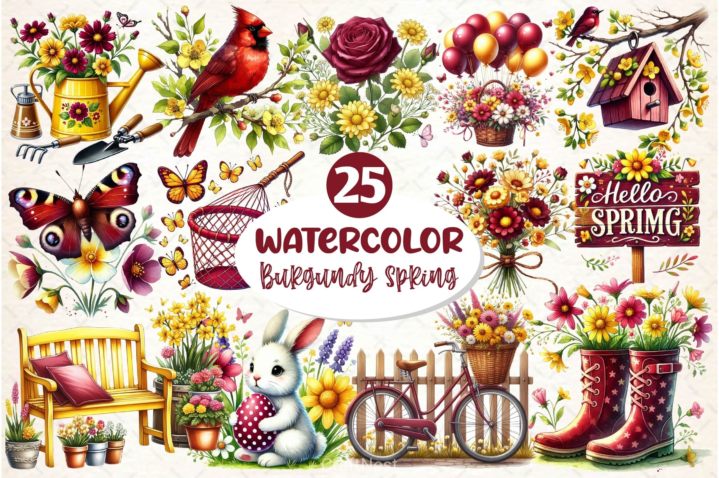 Burgundy Spring Clipart Bundle 2