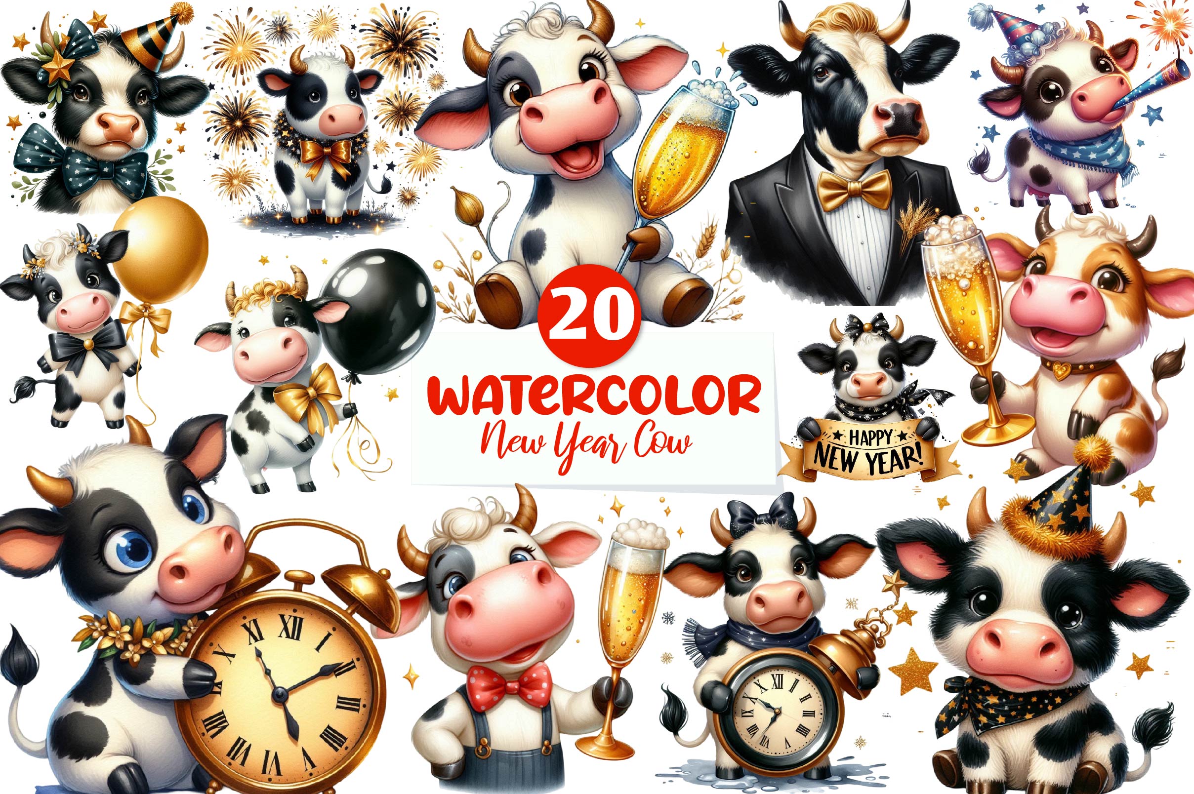 New Year Cow Clipart Bundle