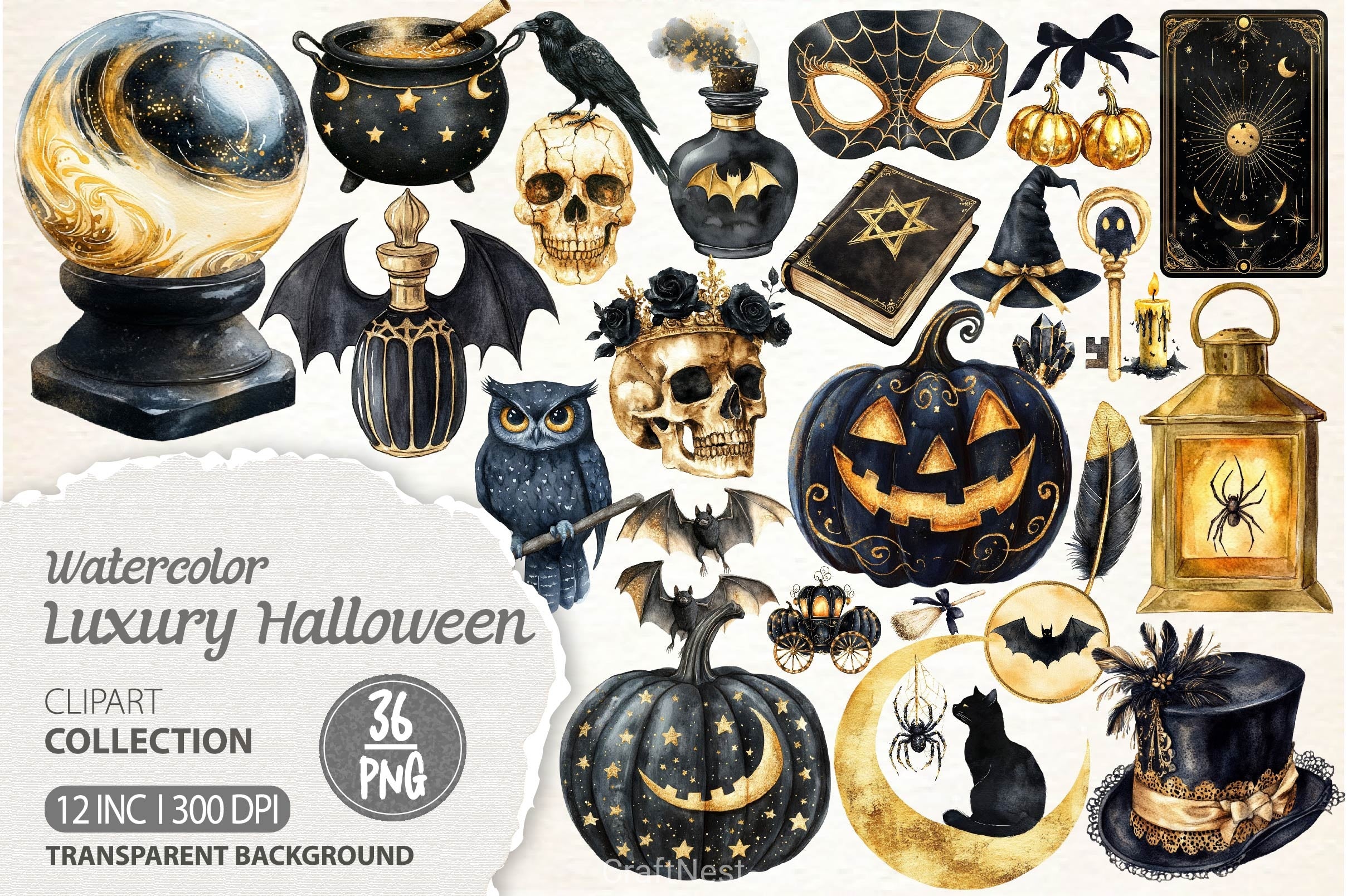 Luxury Black And Gold Halloween Clipart Bundle