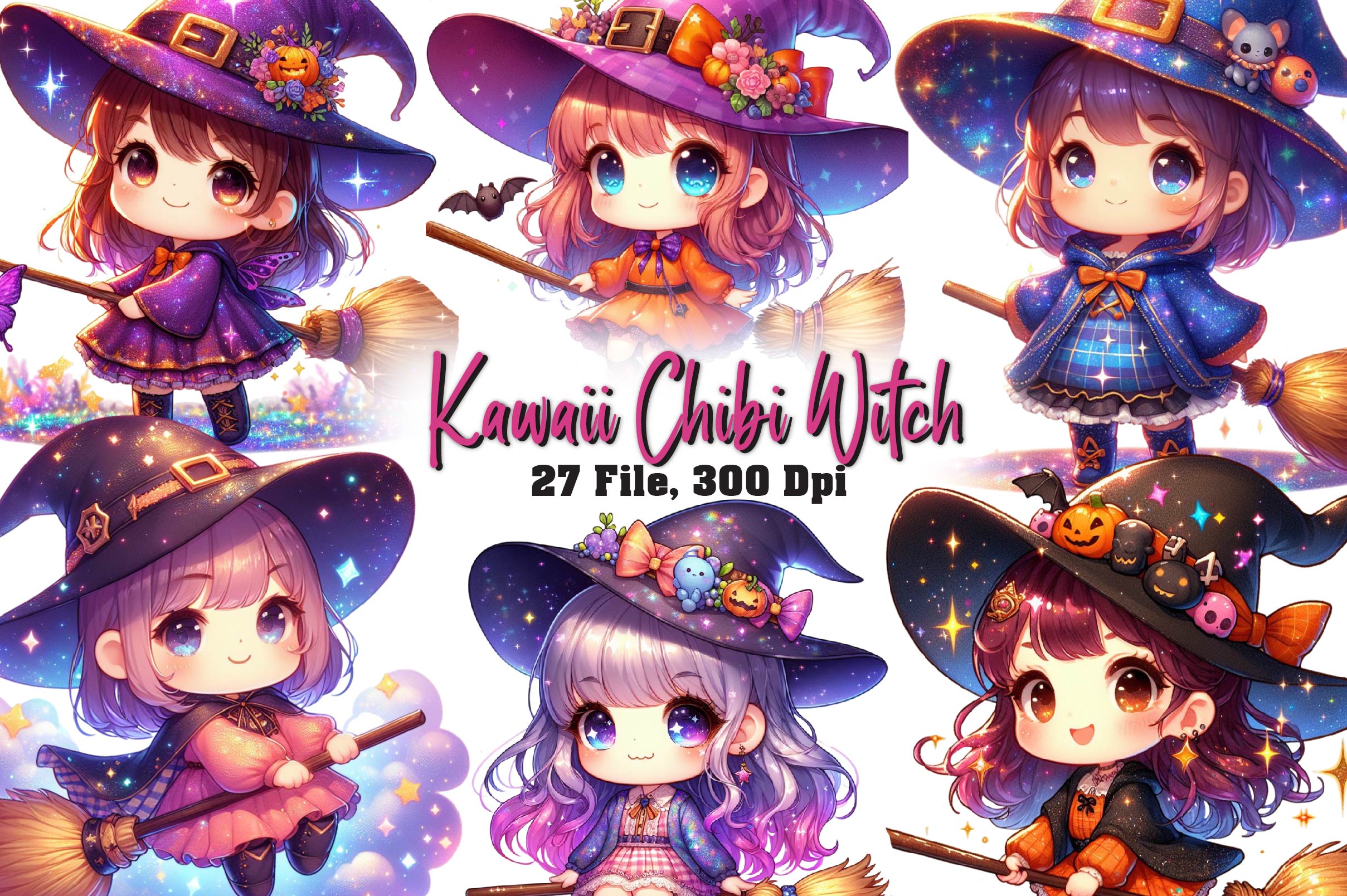 Cute Kawaii Chibi Witch Clipart Bundle