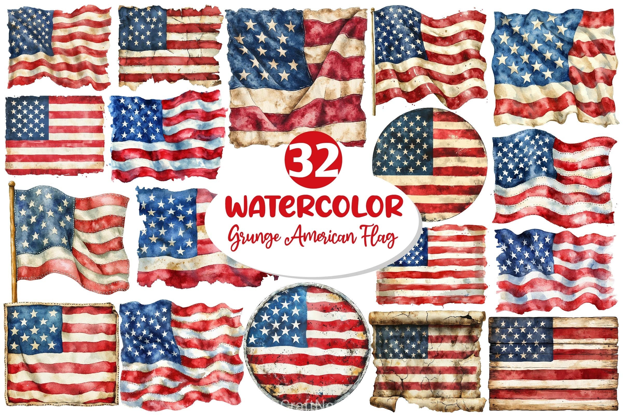 Vintage Grunge American Flag Clipart Bundle