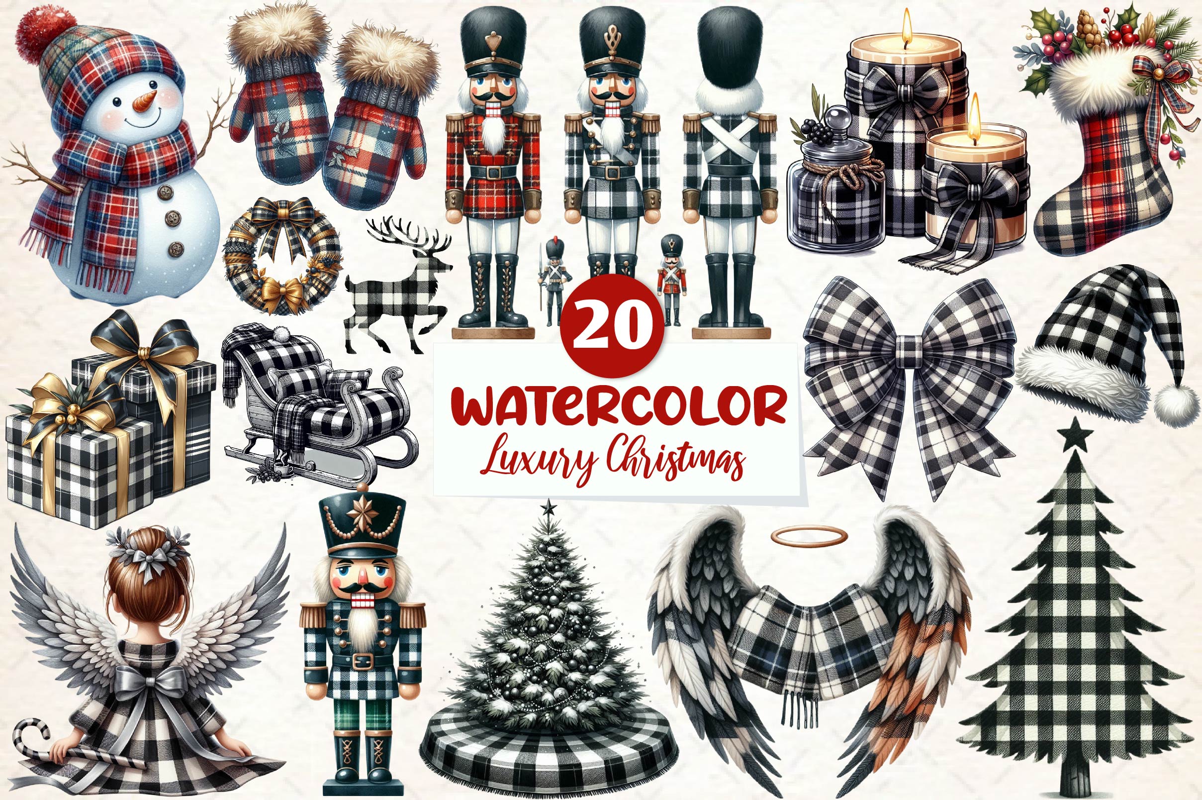 Luxury Plaid Black And White Christmas Clipart Bundle