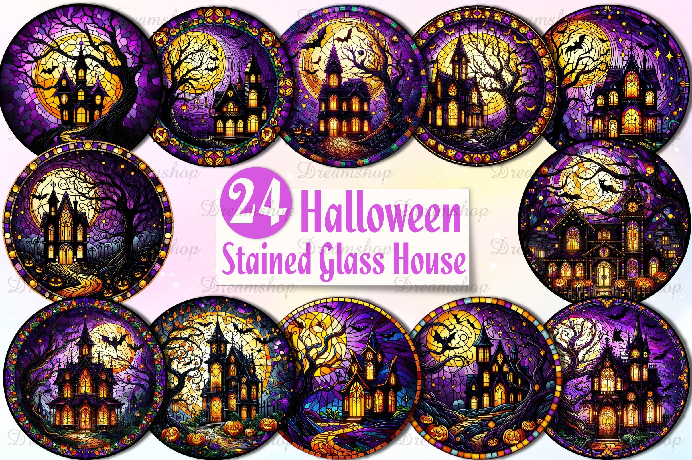 Halloween Stained Glass House Clipart Bundle