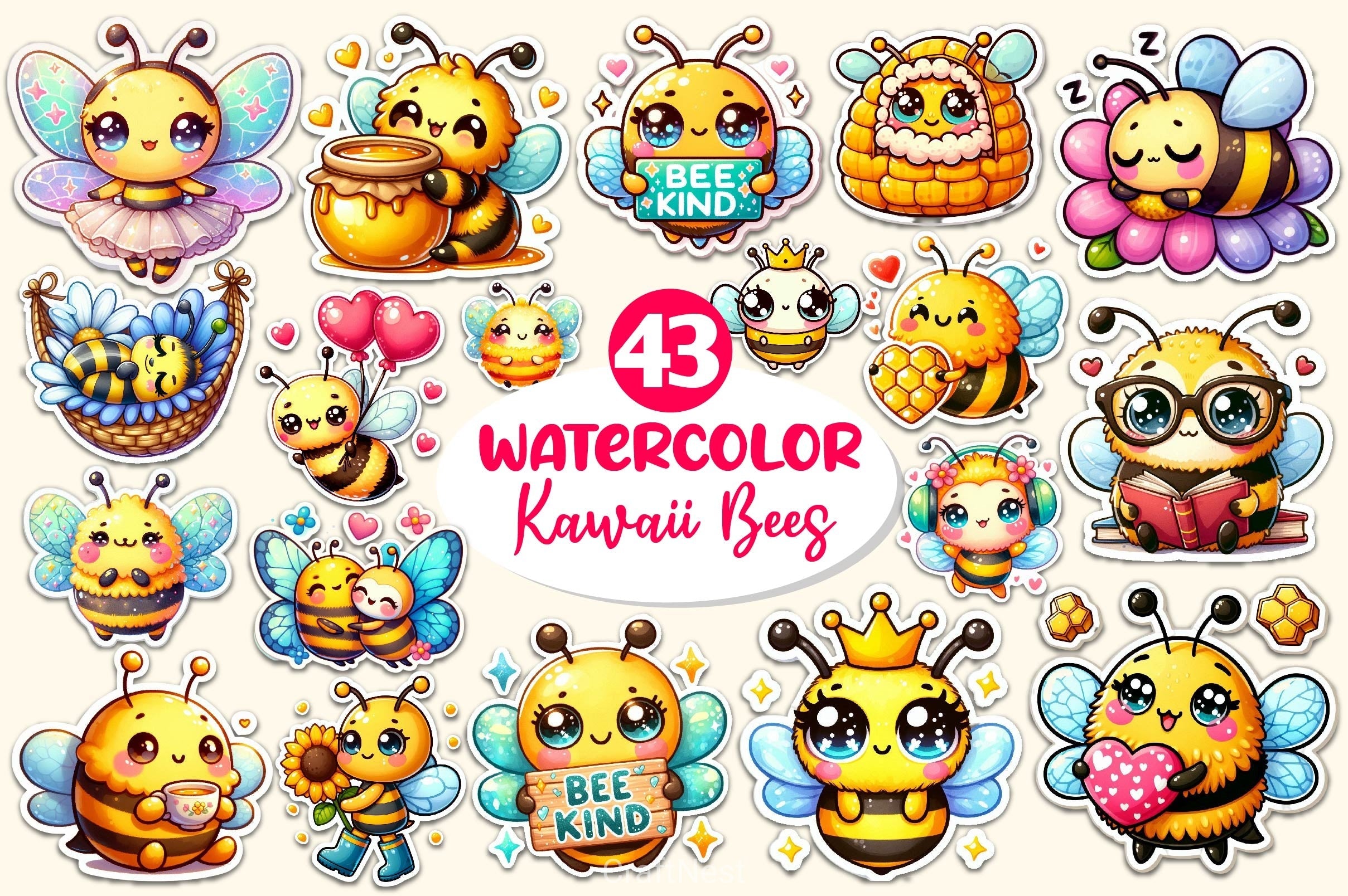 Kawaii Cute Bee Stickers Sticker Clipart Bundle