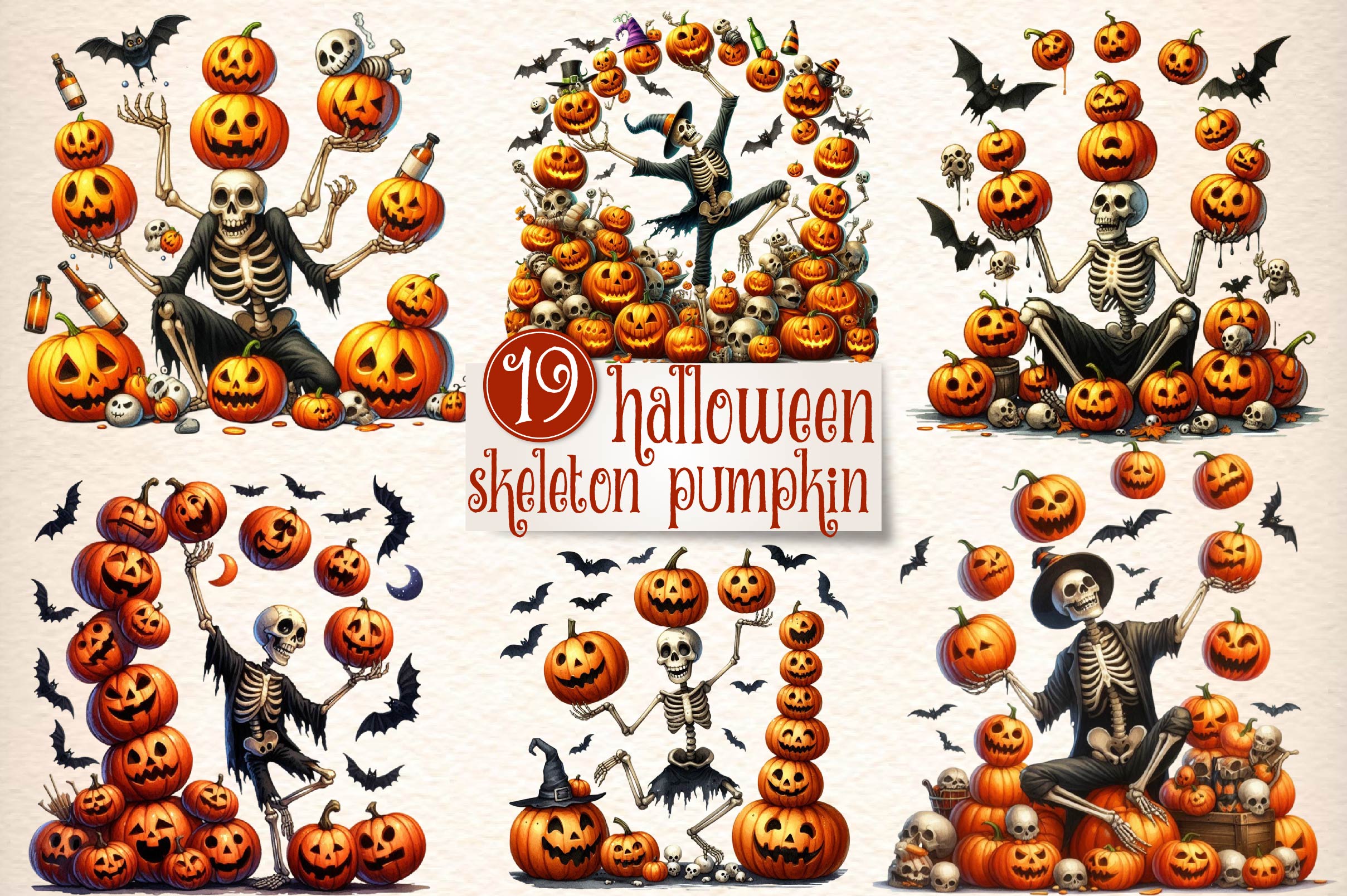 Funny Halloween Skeleton Pumpkin Clipart Bundle