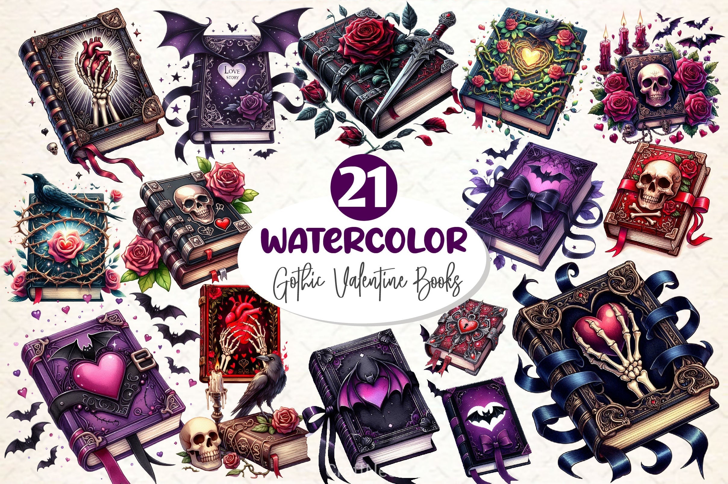 Gothic Valentine's Day Books Clipart Bundle 1