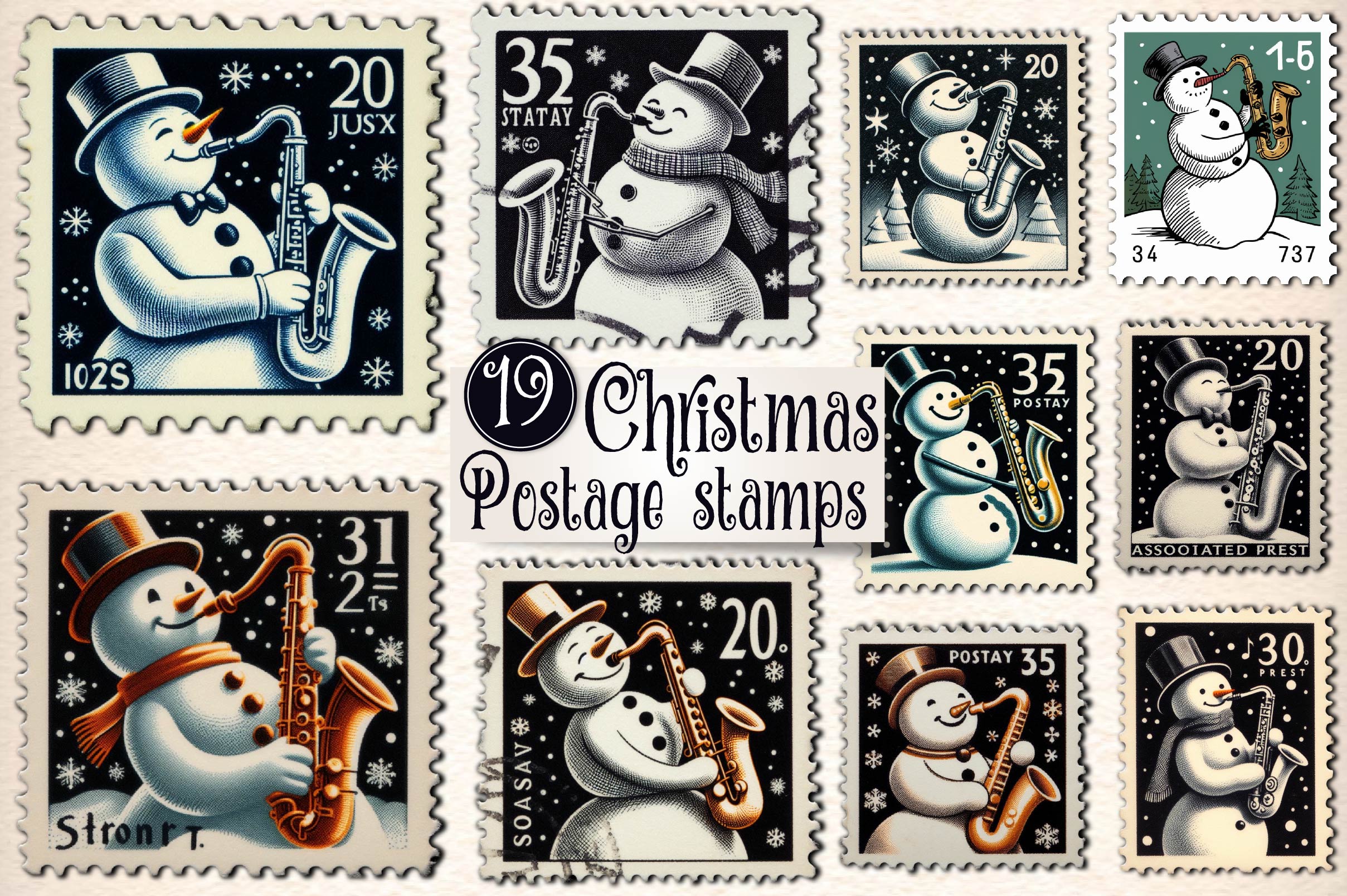 Christmas Snowman Postage Stamps Clipart Bundle