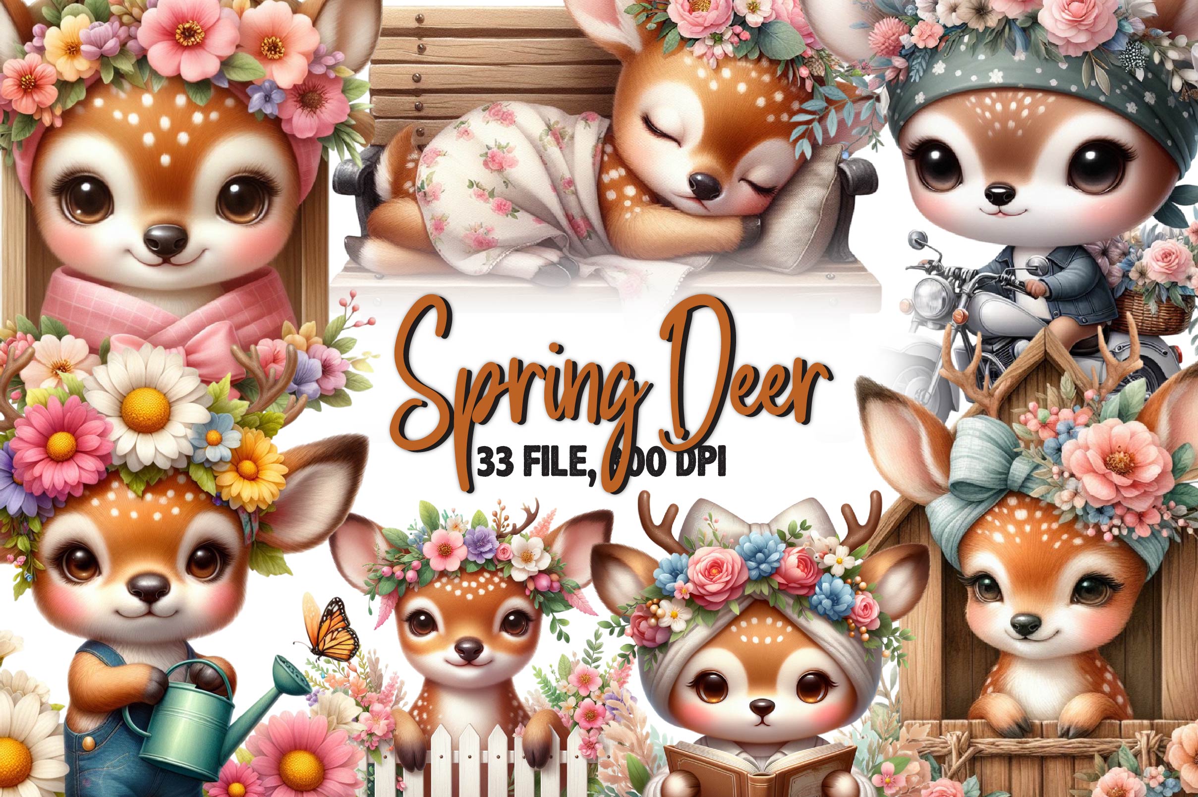 Cute Spring Deer Clipart Bundle 1