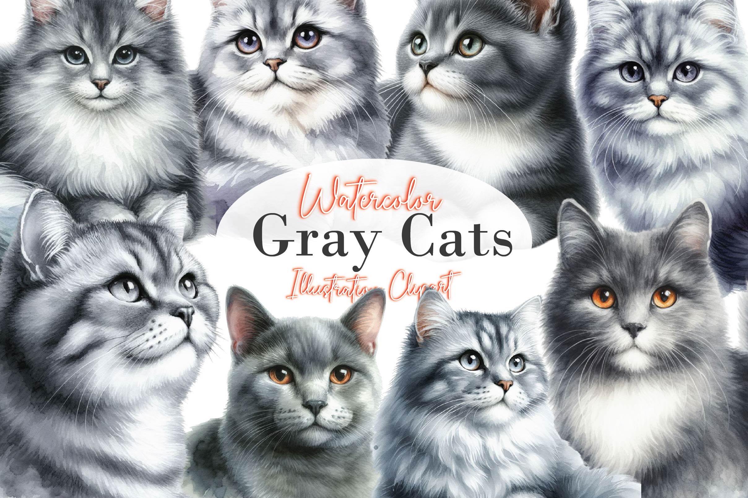 Gray Cats Clipart Bundle