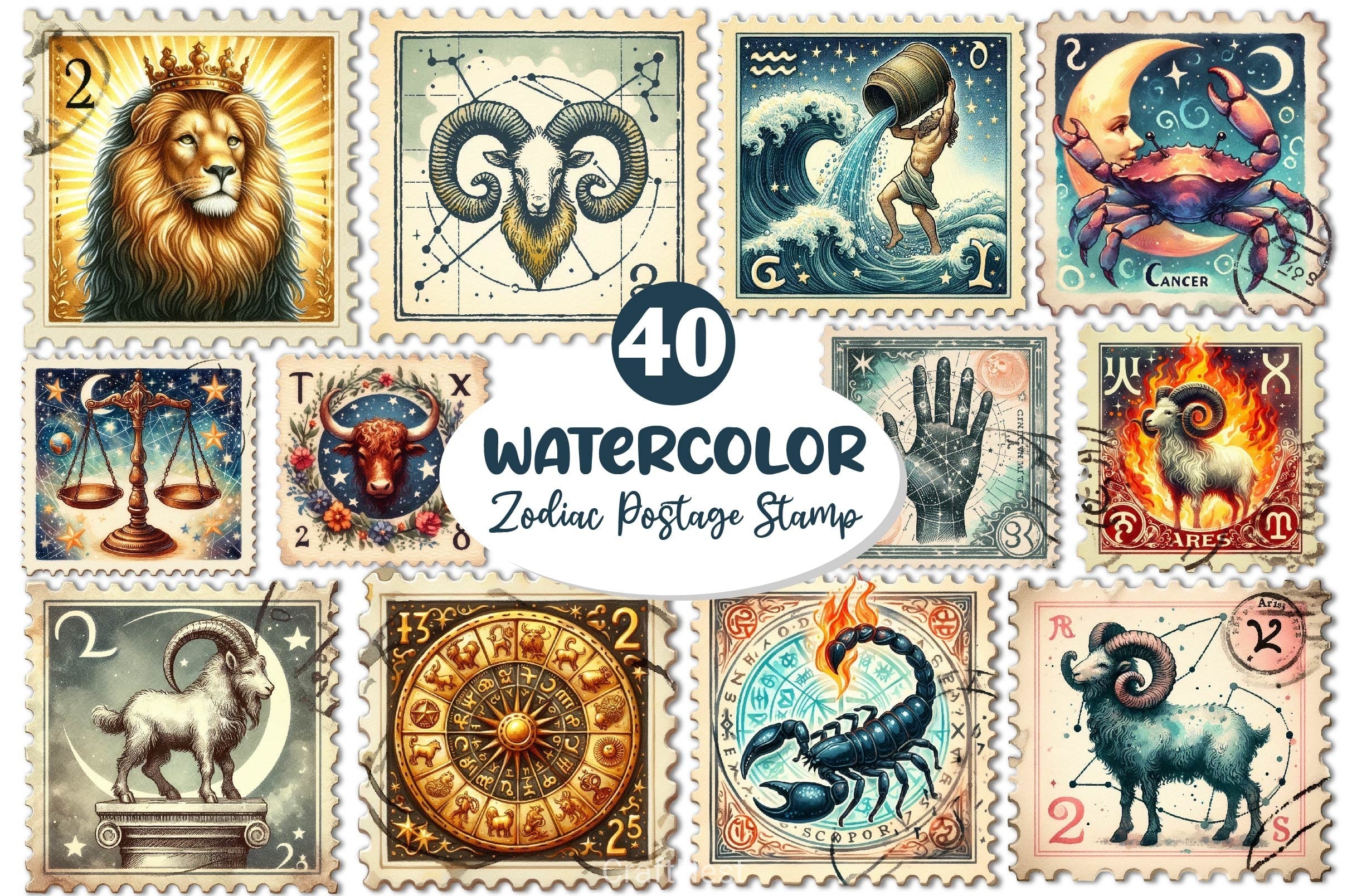 Zodiac Postage Stamp Clipart Bundle