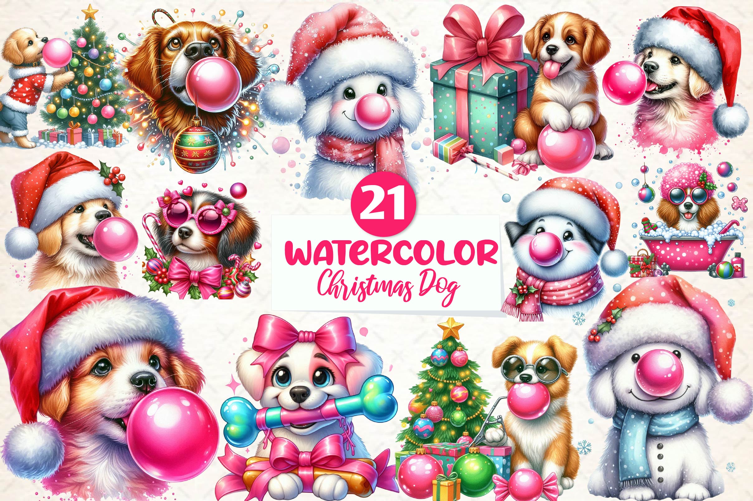 Groovy Christmas Dog And Bubblegum Clipart Bundle