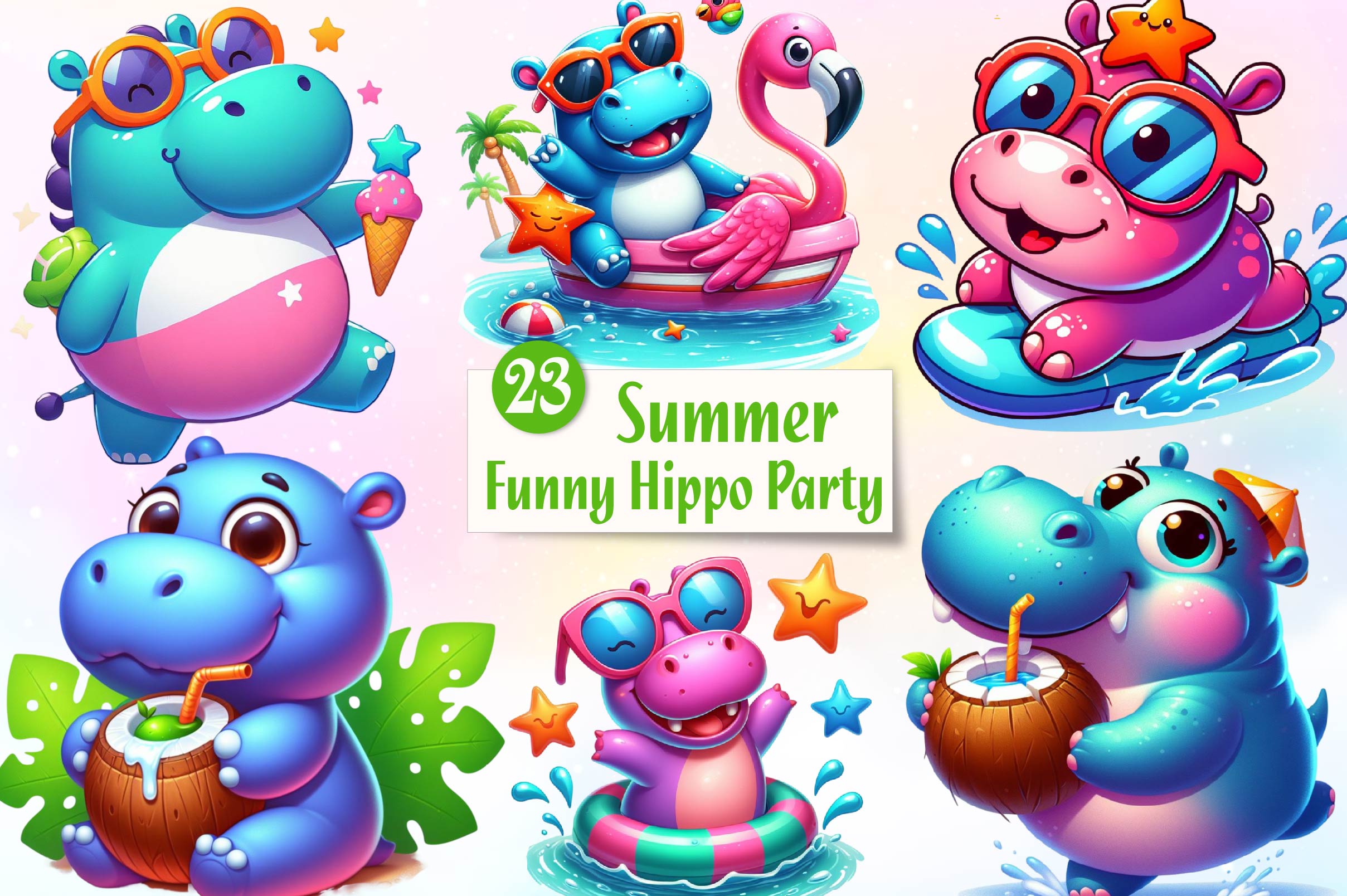 Funny Hippo In Pool Party Clipart Bundle