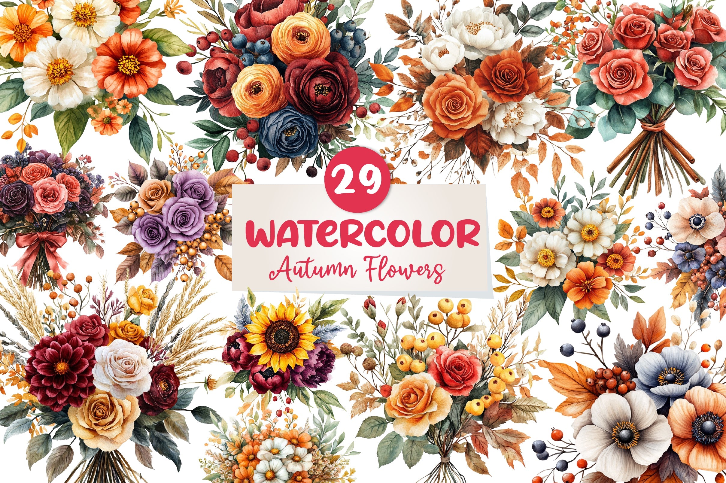 Autumn Wedding Flowers Bouquet Clipart Bundle