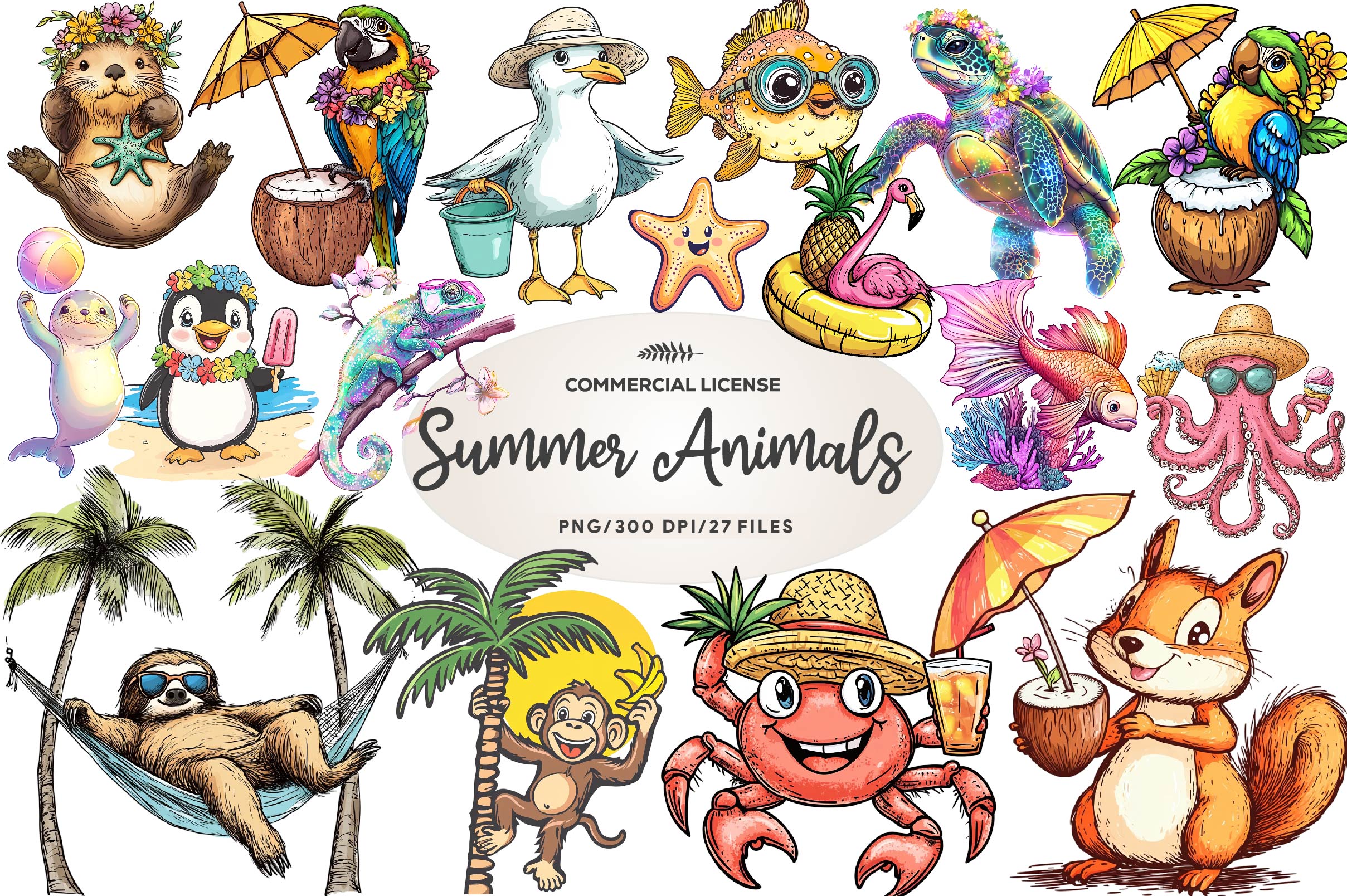 Beachy Summer Animals Clipart Bundle