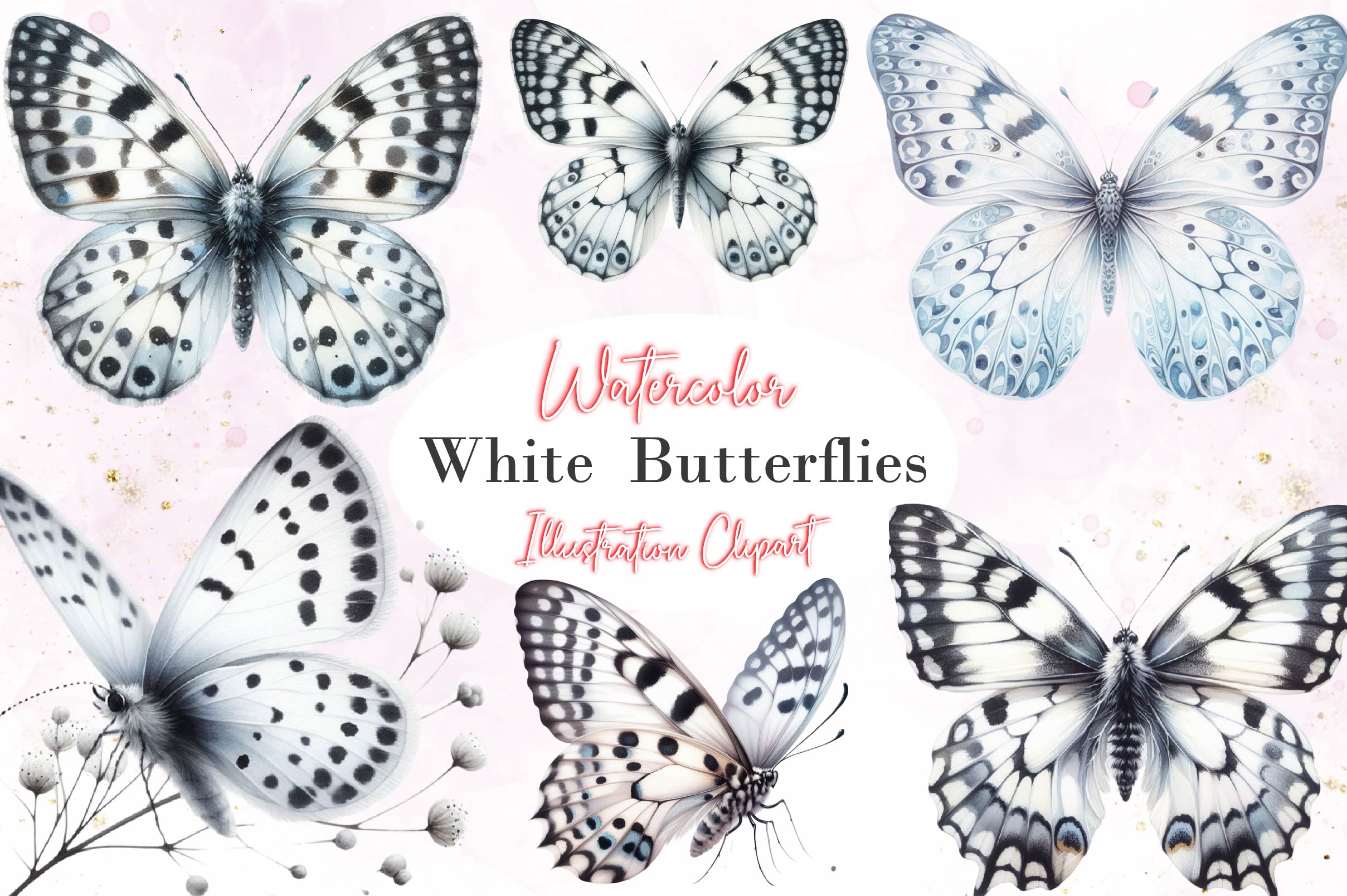 White Butterfly Floral Clipart Bundle