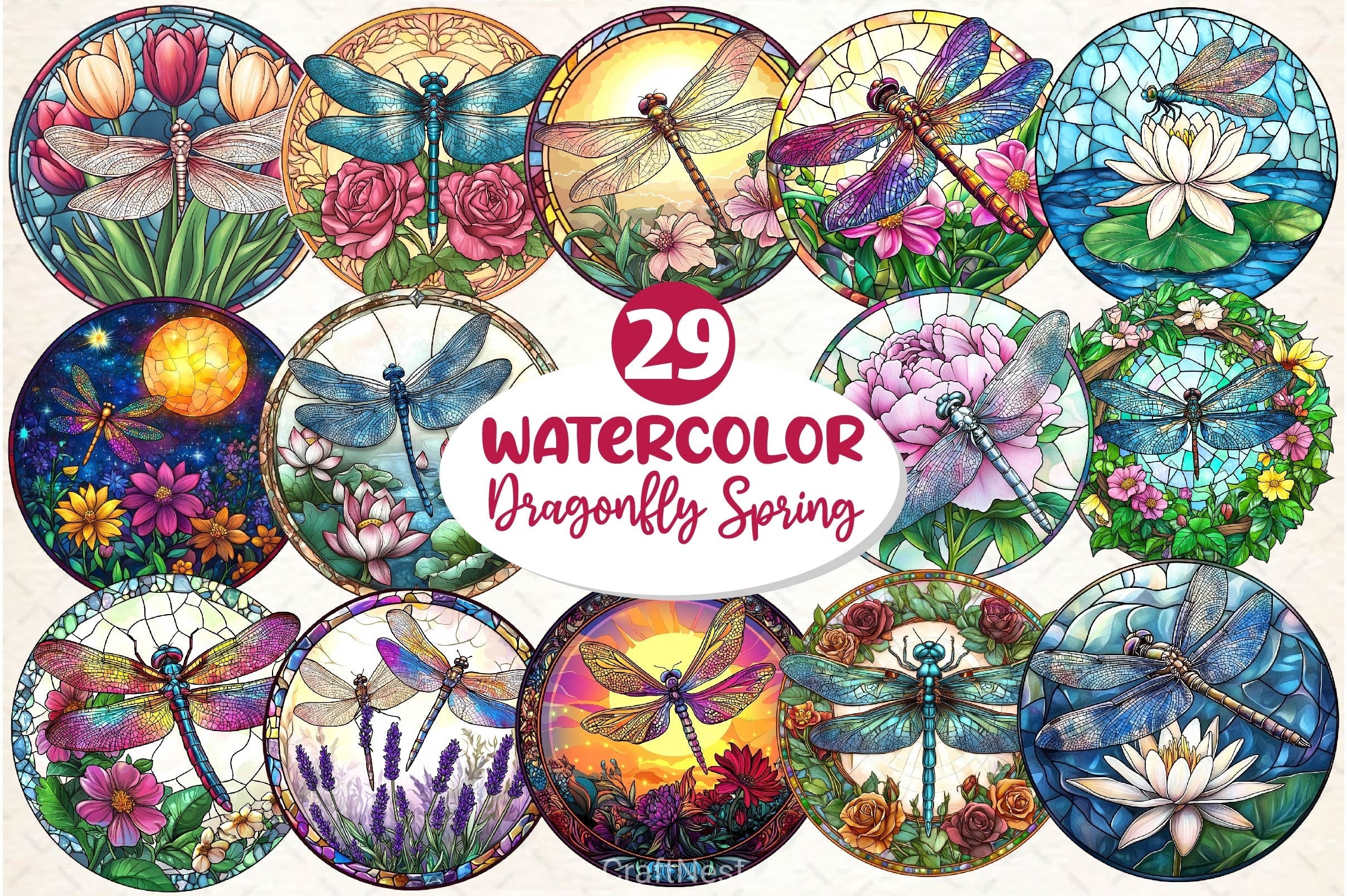 Dragonfly Spring Flower Stained Glass Clipart Bundle