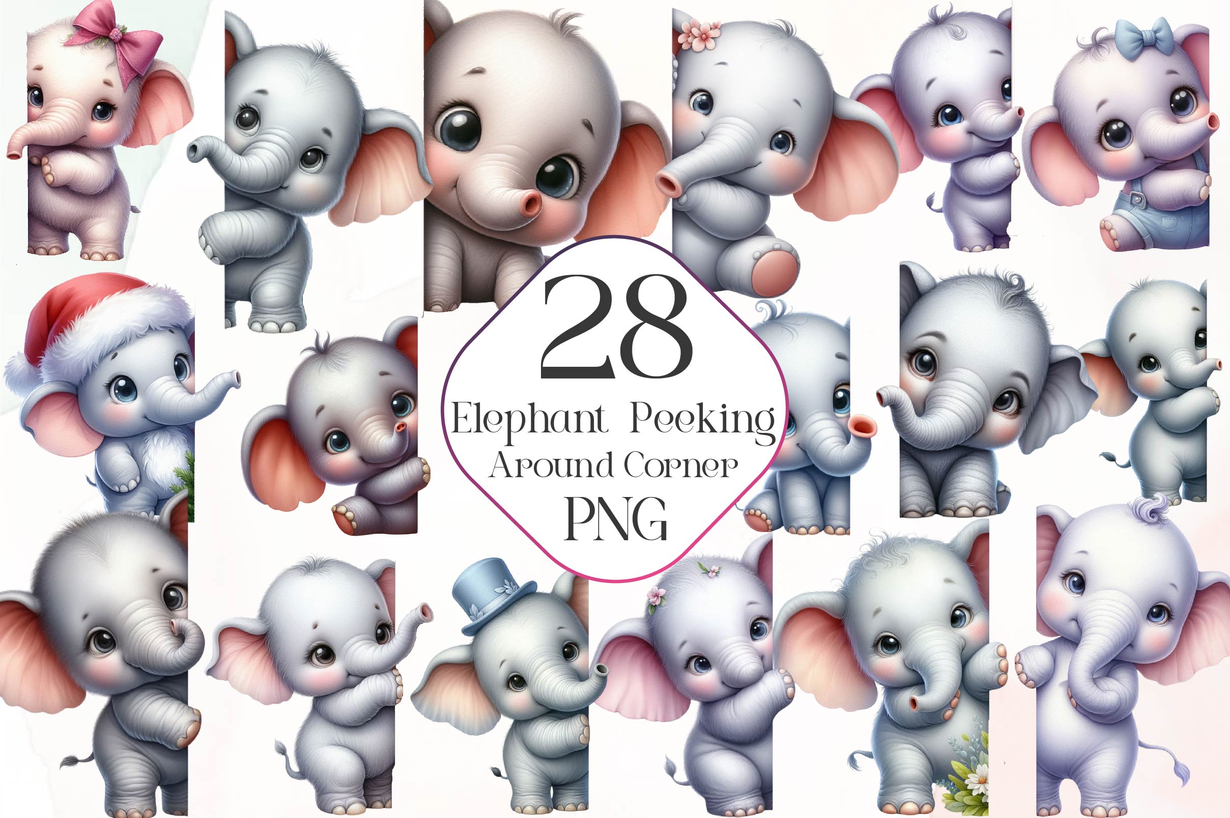 Elephant Peeking Around Corner Clipart Bundle