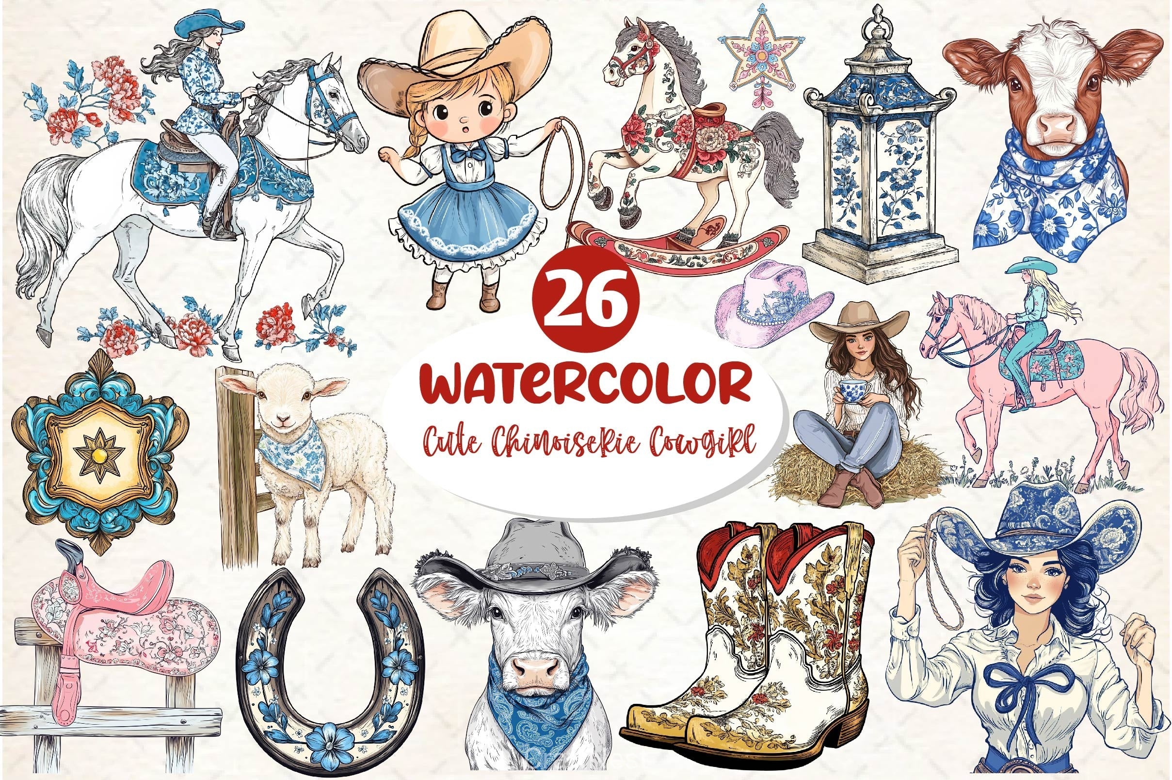 Cute Chinoiserie Cowgirl Clipart Bundle 2