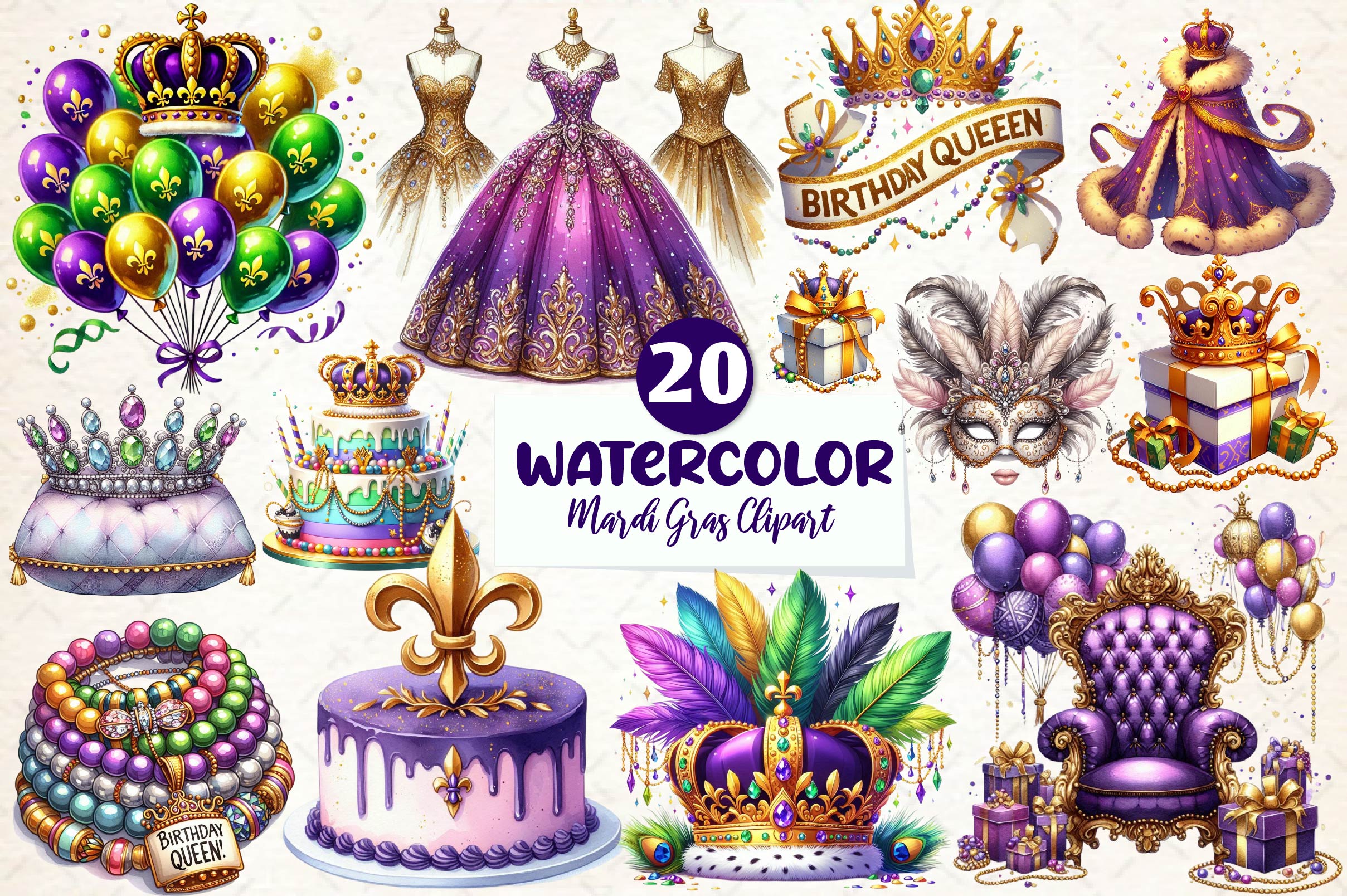Birthday Queen Of Mardi Gras Clipart Bundle