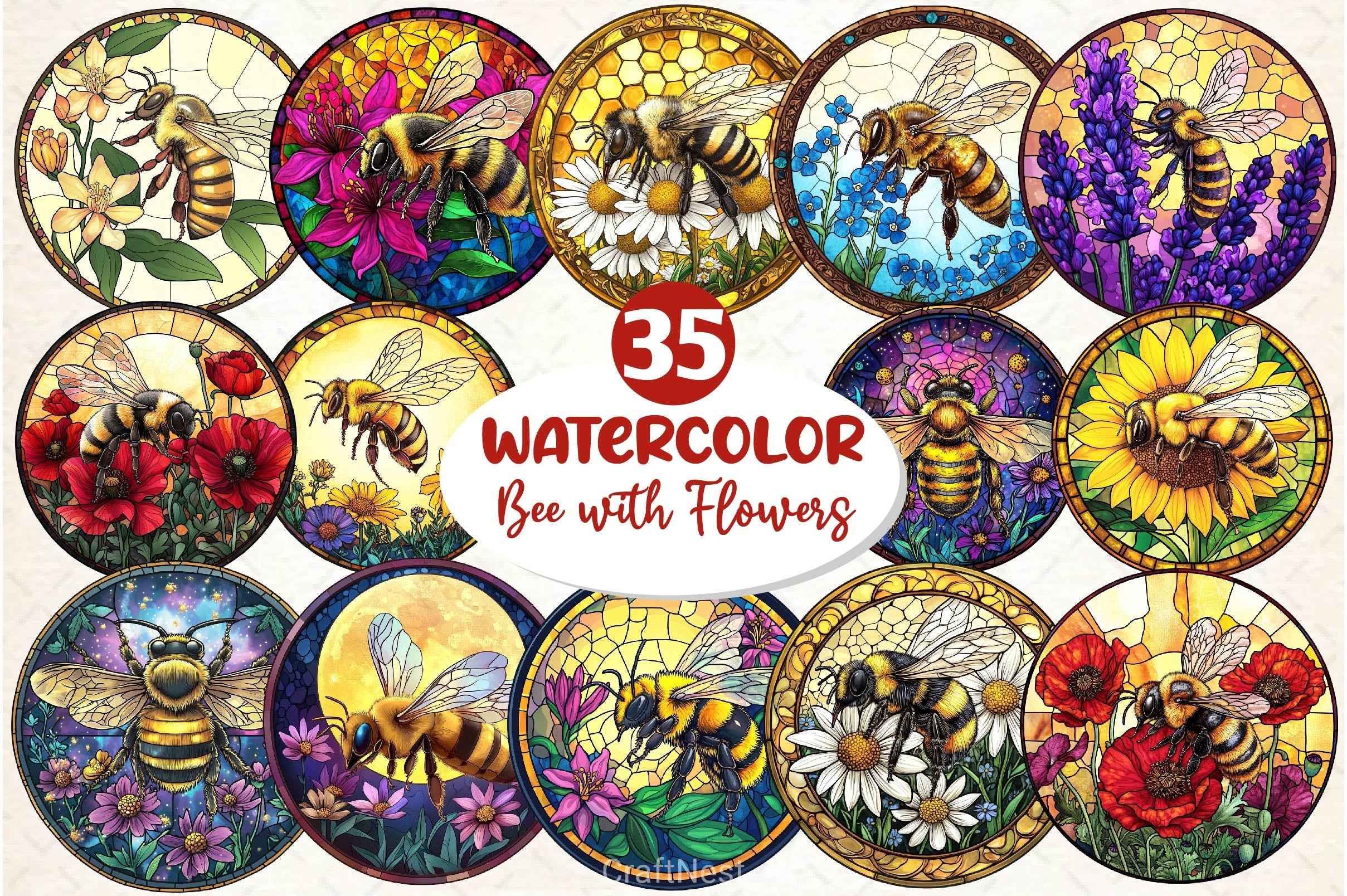 Bee With Flowers Round Stained Glass Art Clipart Bundle