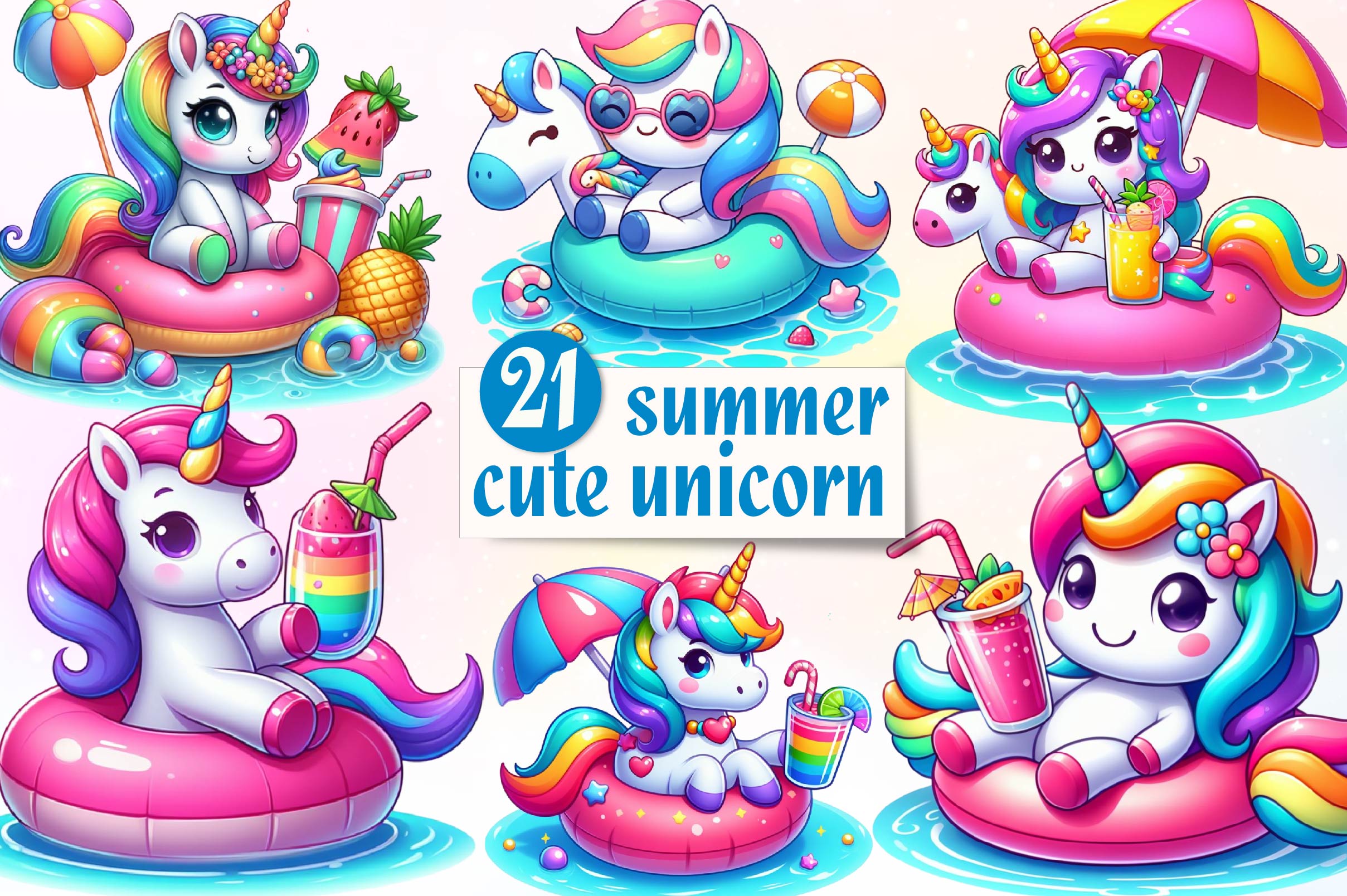 Cute Unicorn Summer Clipart Bundle