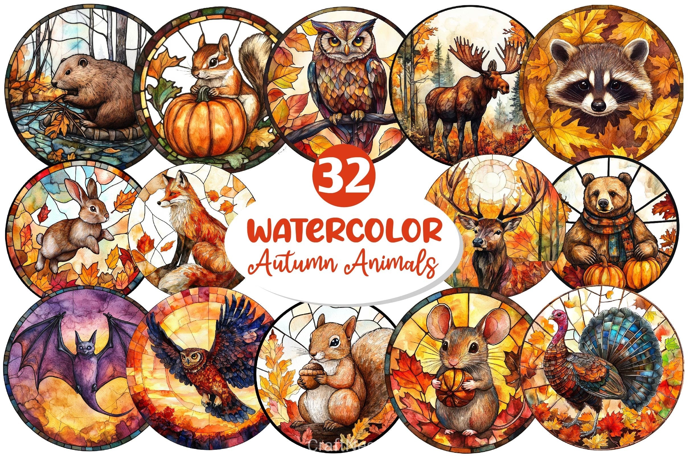 Stained Glass Autumn Animals Clipart Bundle