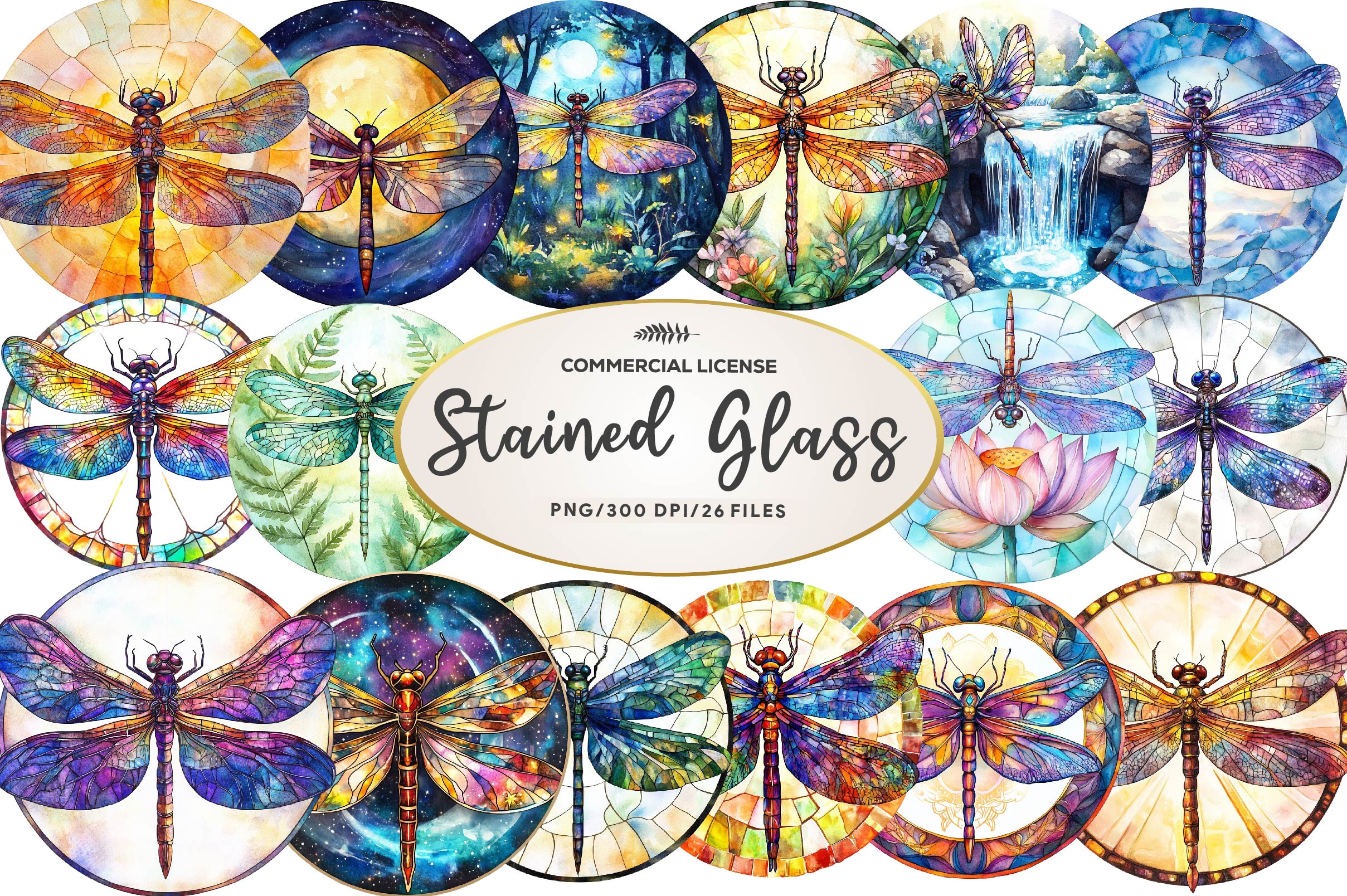 Round Dragonfly Stained Glass Clipart Bundle
