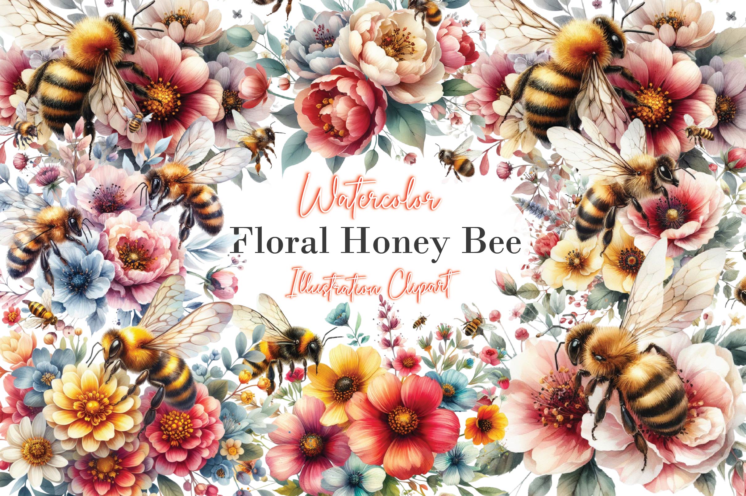 Floral Honey Bee Clipart Bundle