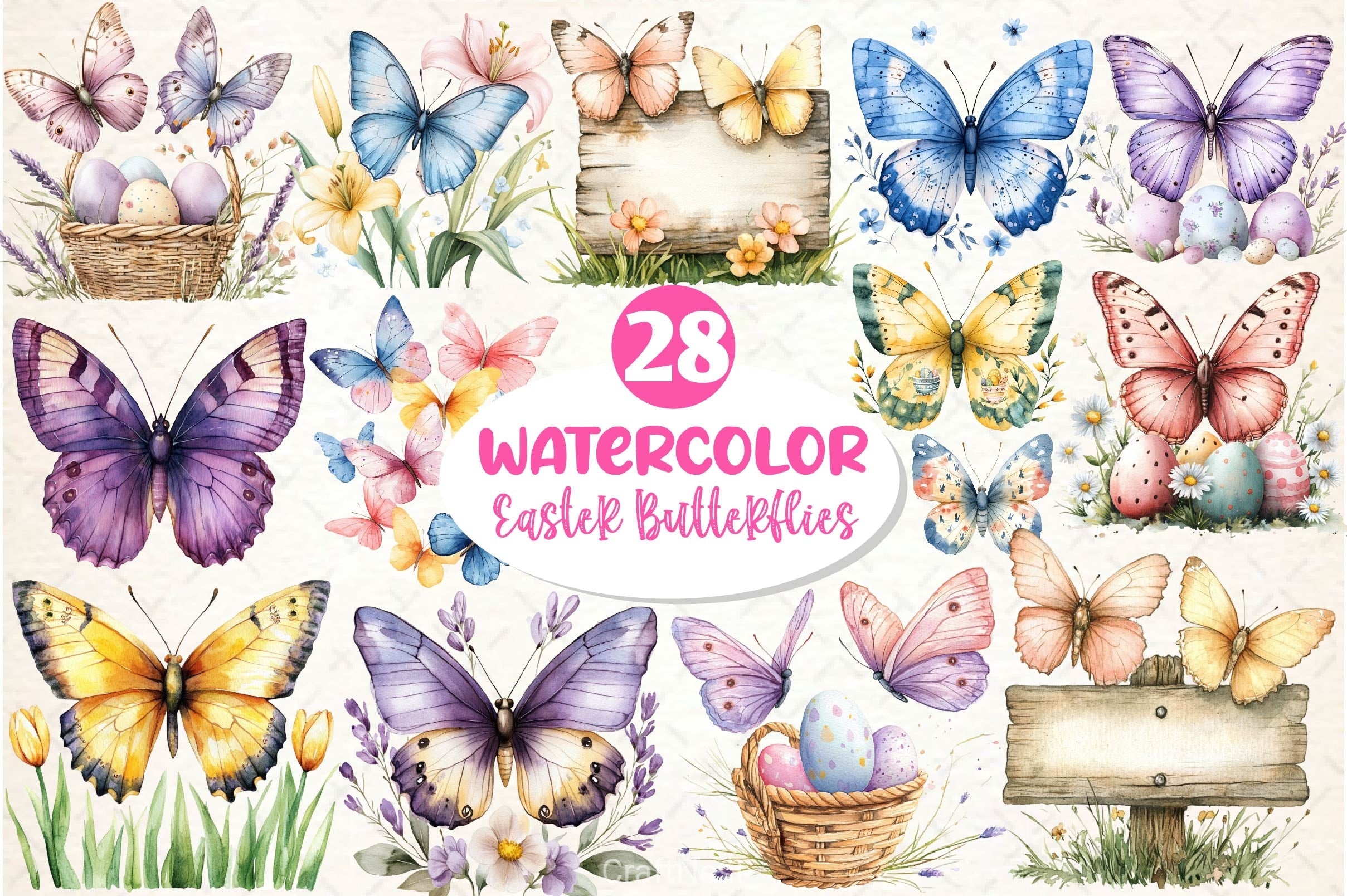 Pastel Easter Butterflies Clipart Bundle