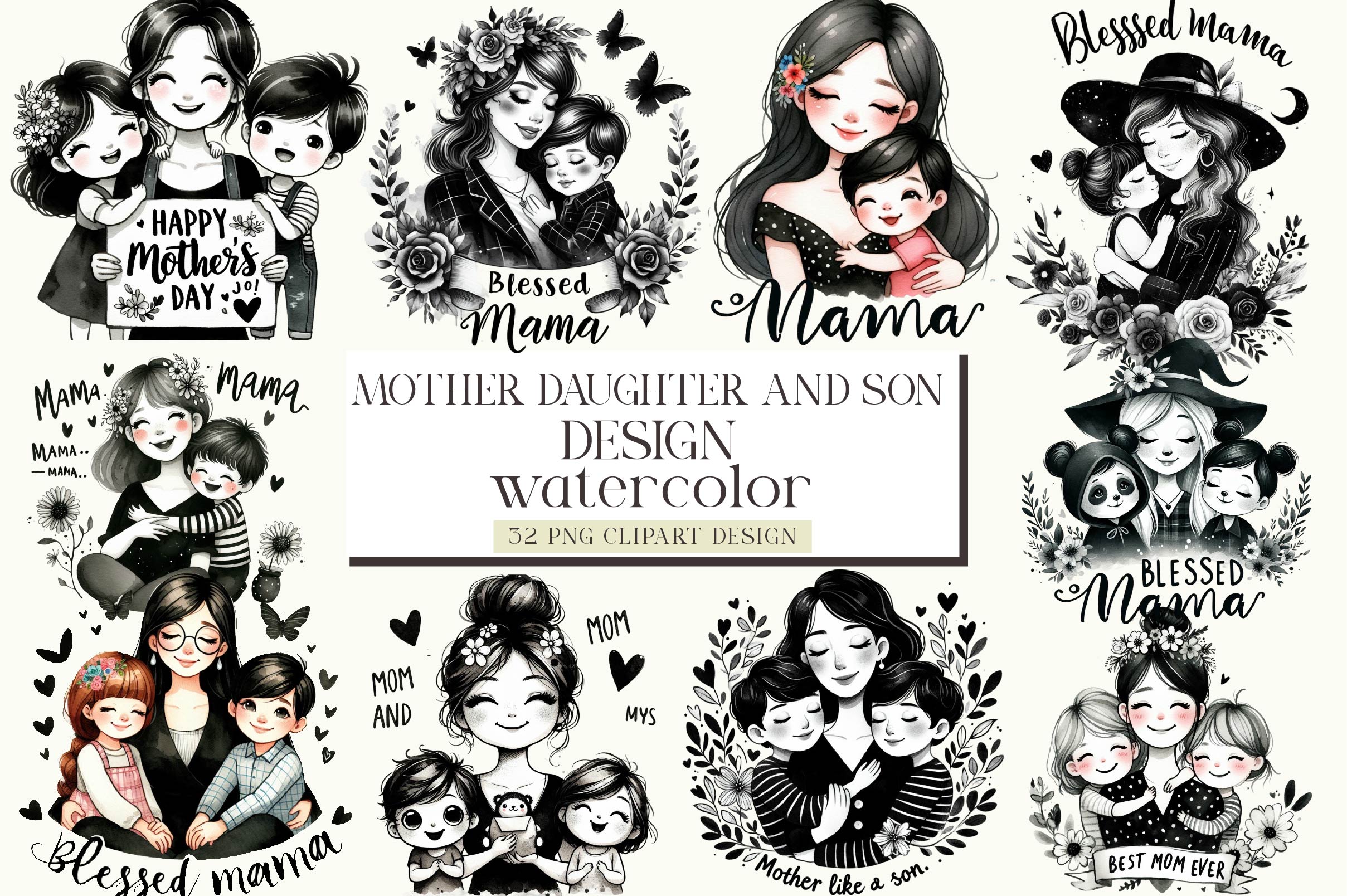Mother Daughter And Son Clipart Bundle