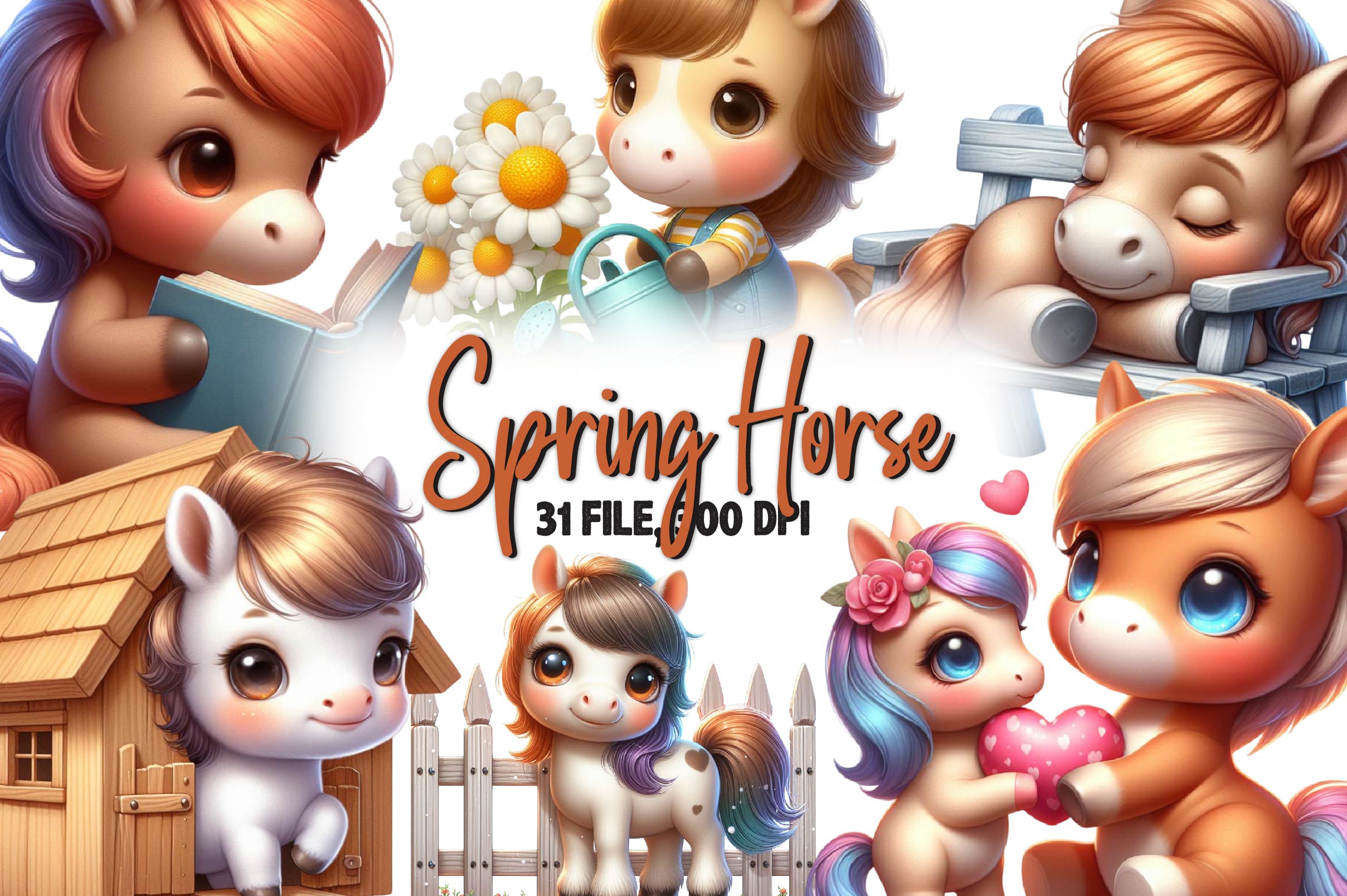 Cute Spring Horse Clipart Bundle