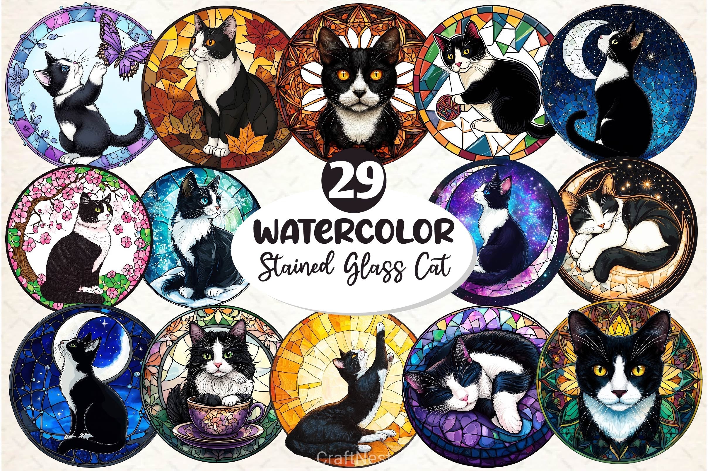 Round Stained Glass Tuxedo Cat Clipart Bundle 2