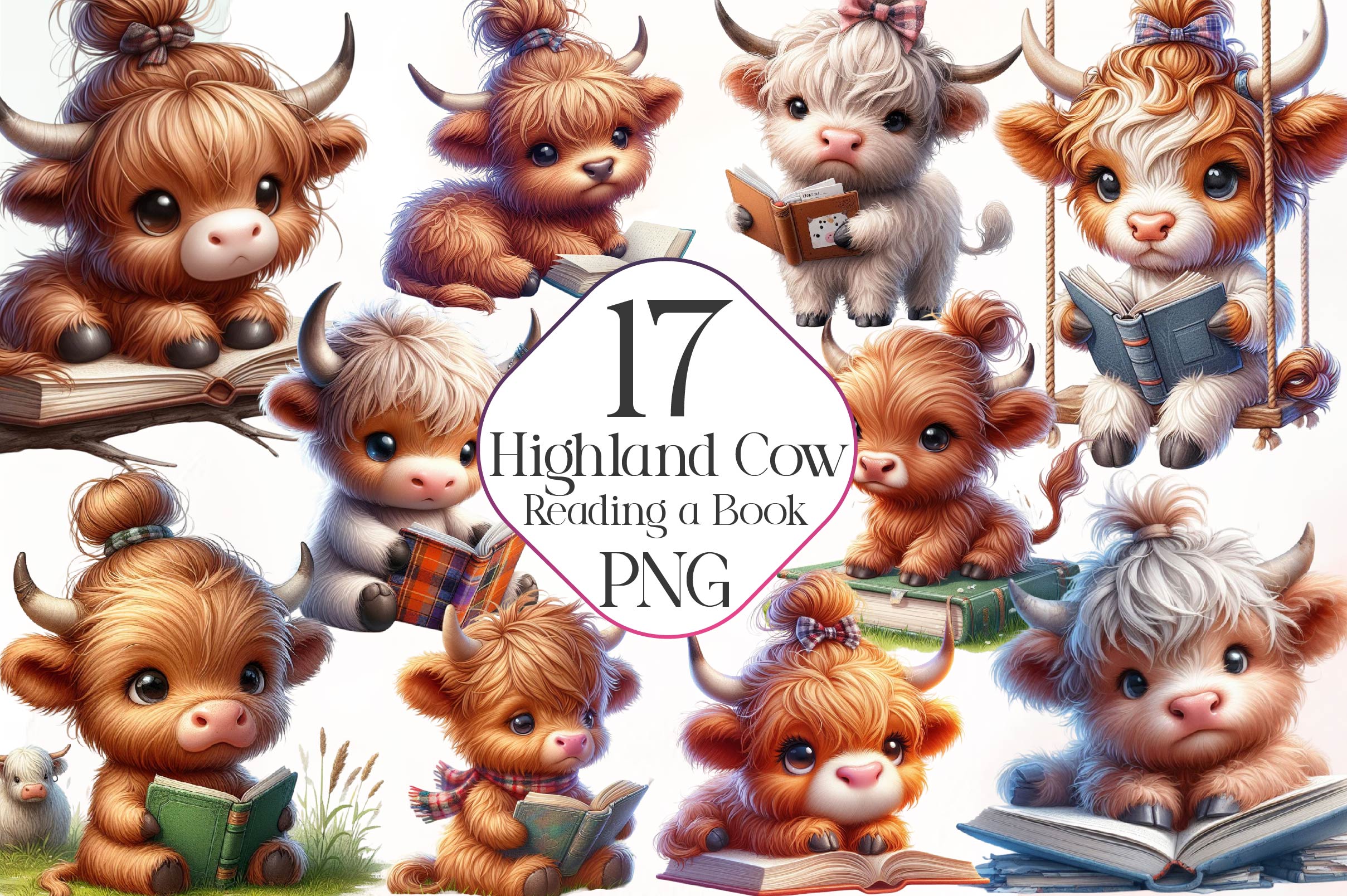 Highland Cow Reading A Book Clipart Bundle