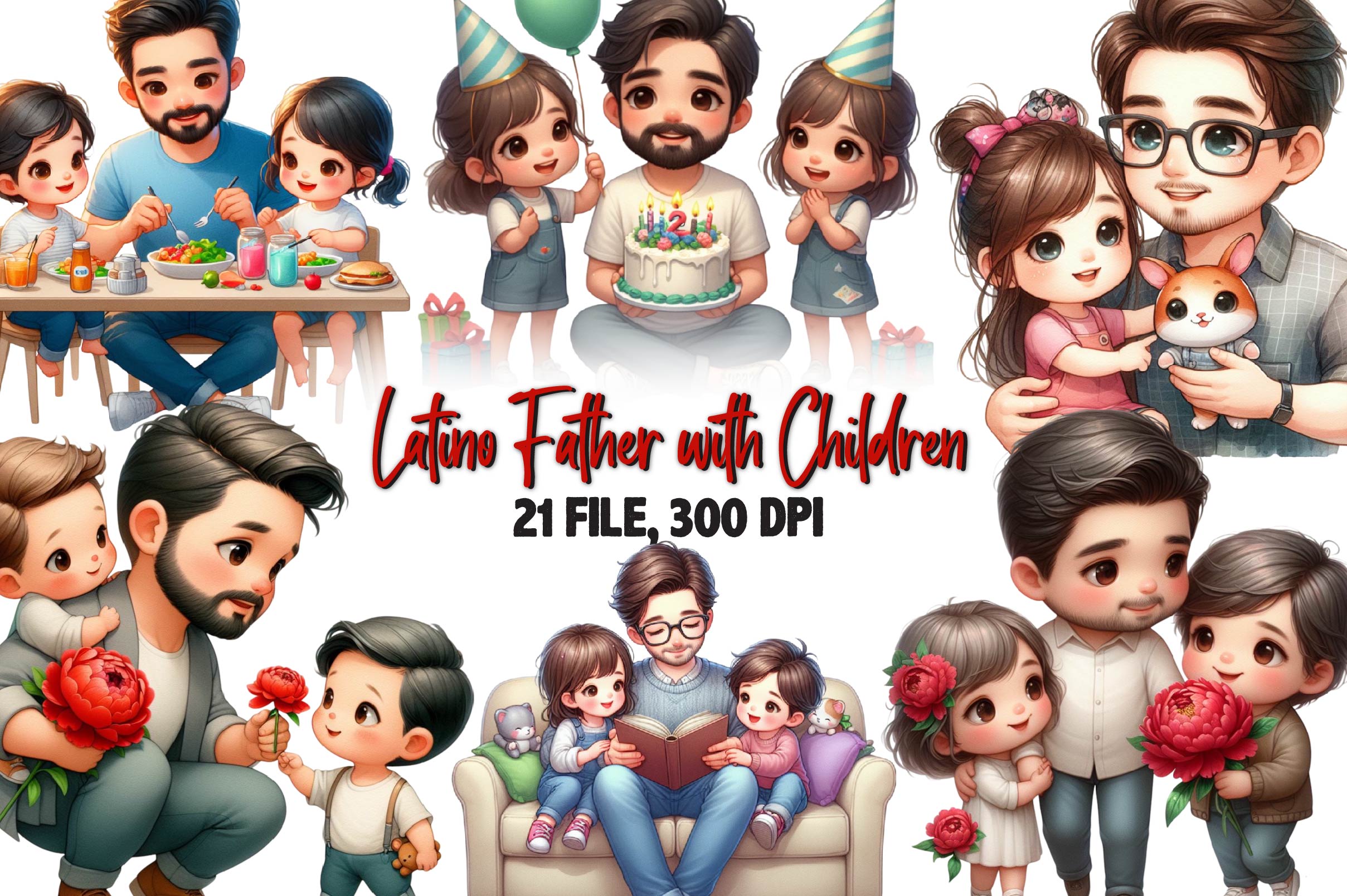 Latino Father With Children Clipart Bundle