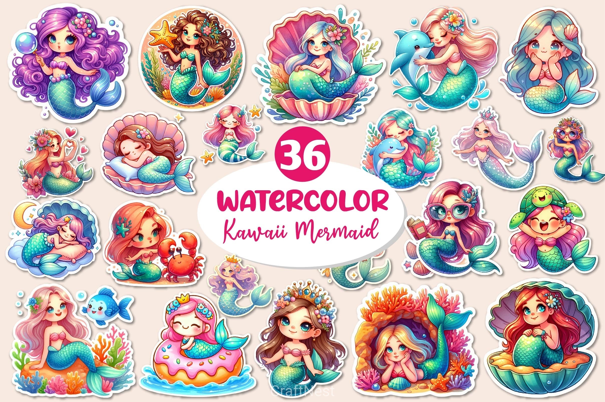 Kawaii Mermaid Clipart Bundle
