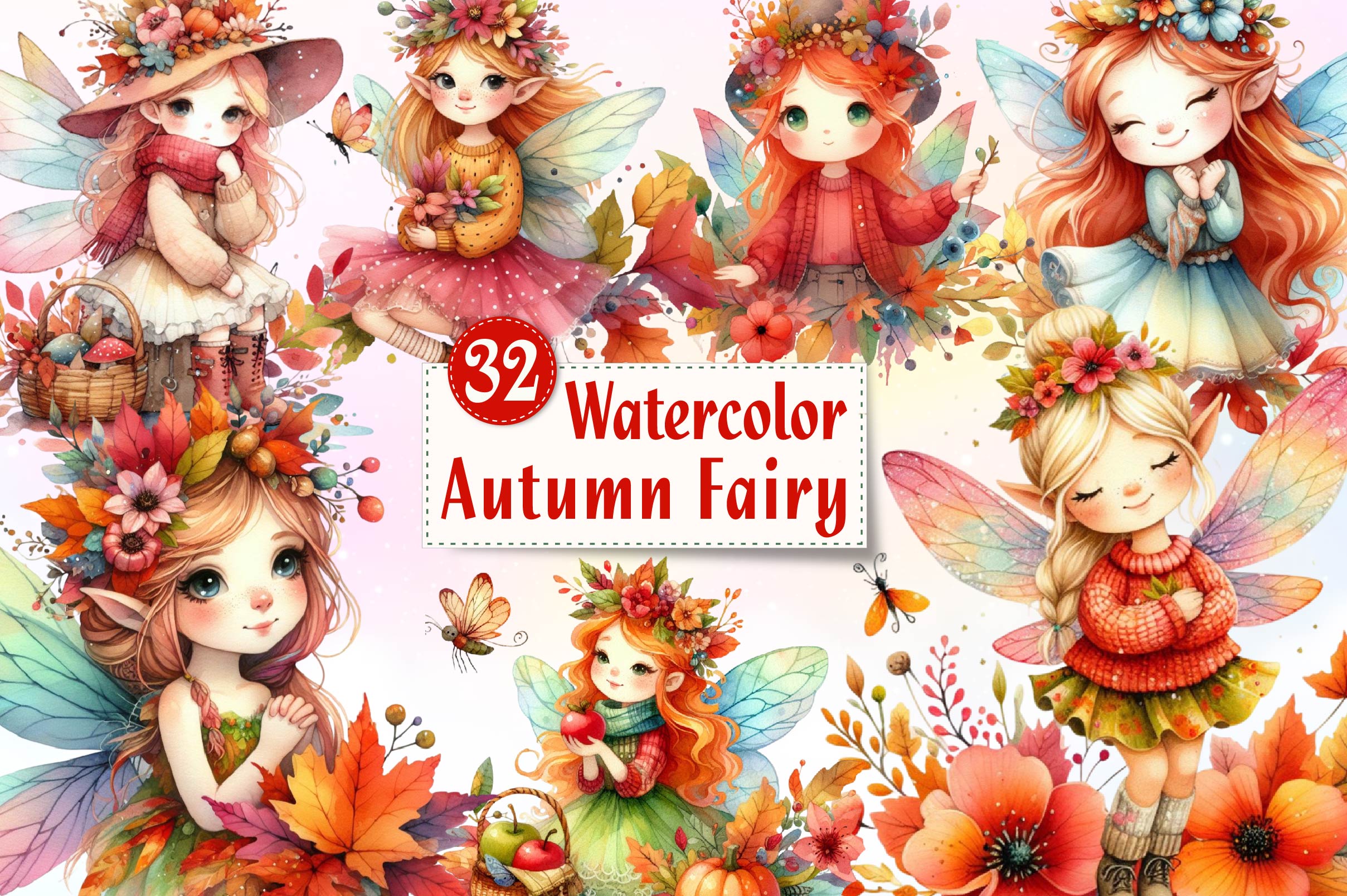 Cute Autumn Fairy Clipart Bundle
