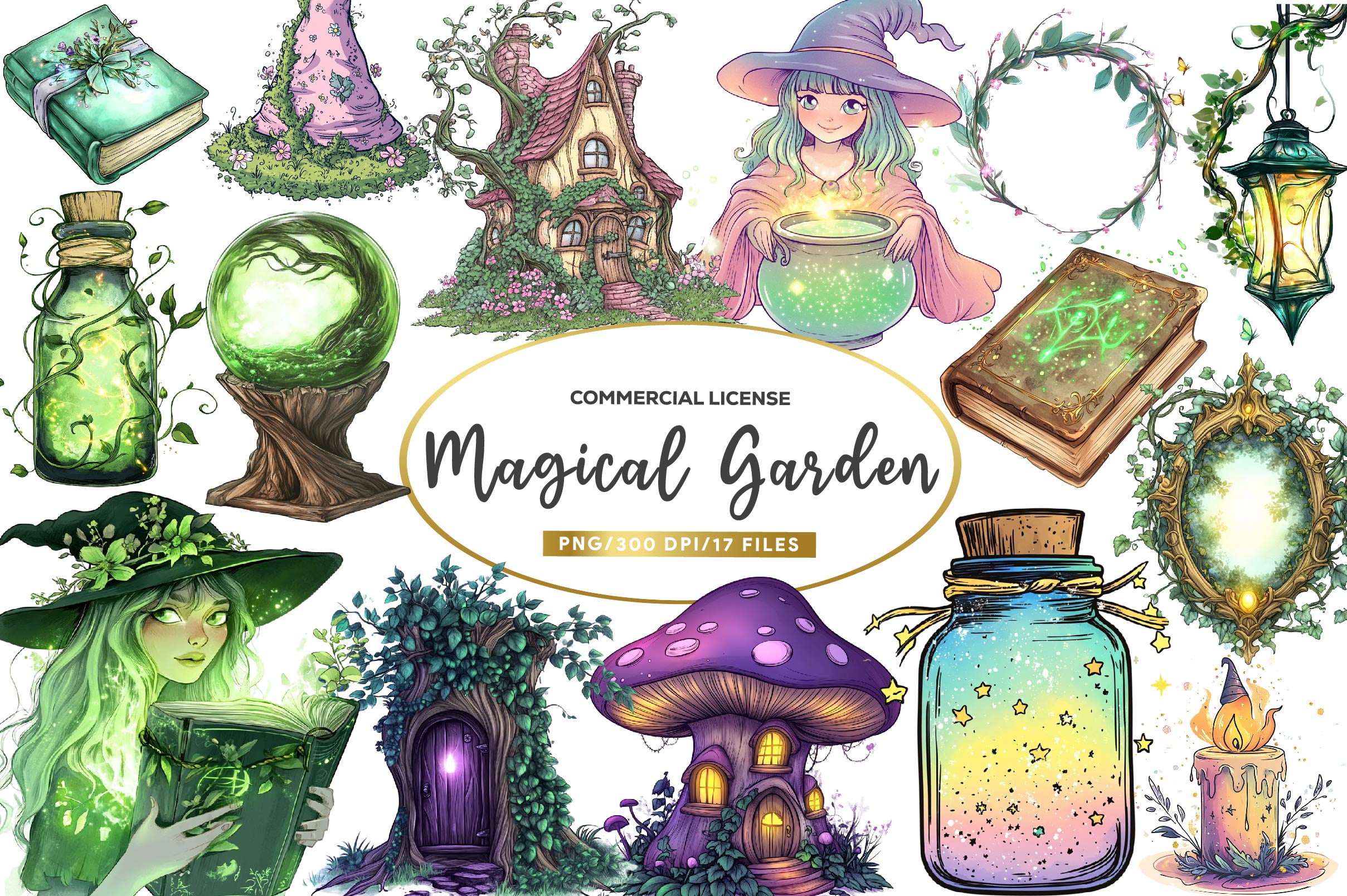 Magical Garden Purple Fairies Clipart Bundle