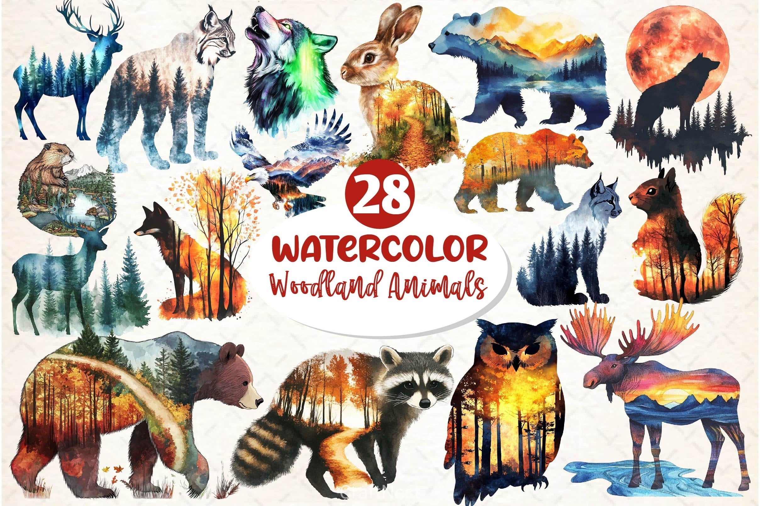 Double Exposure Woodland Animals Clipart Bundle 2