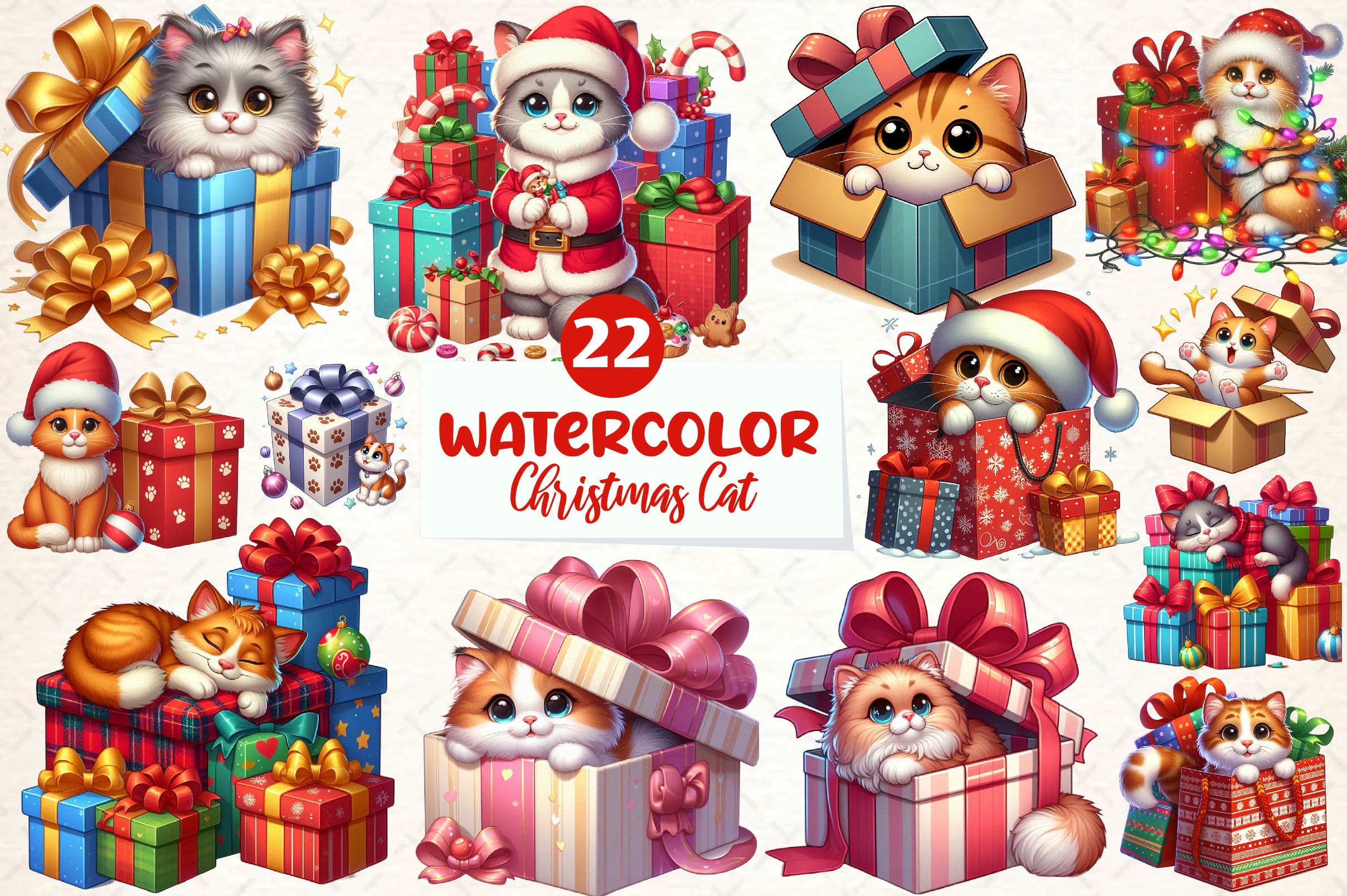Christmas Cat Gift Box Clipart Bundle