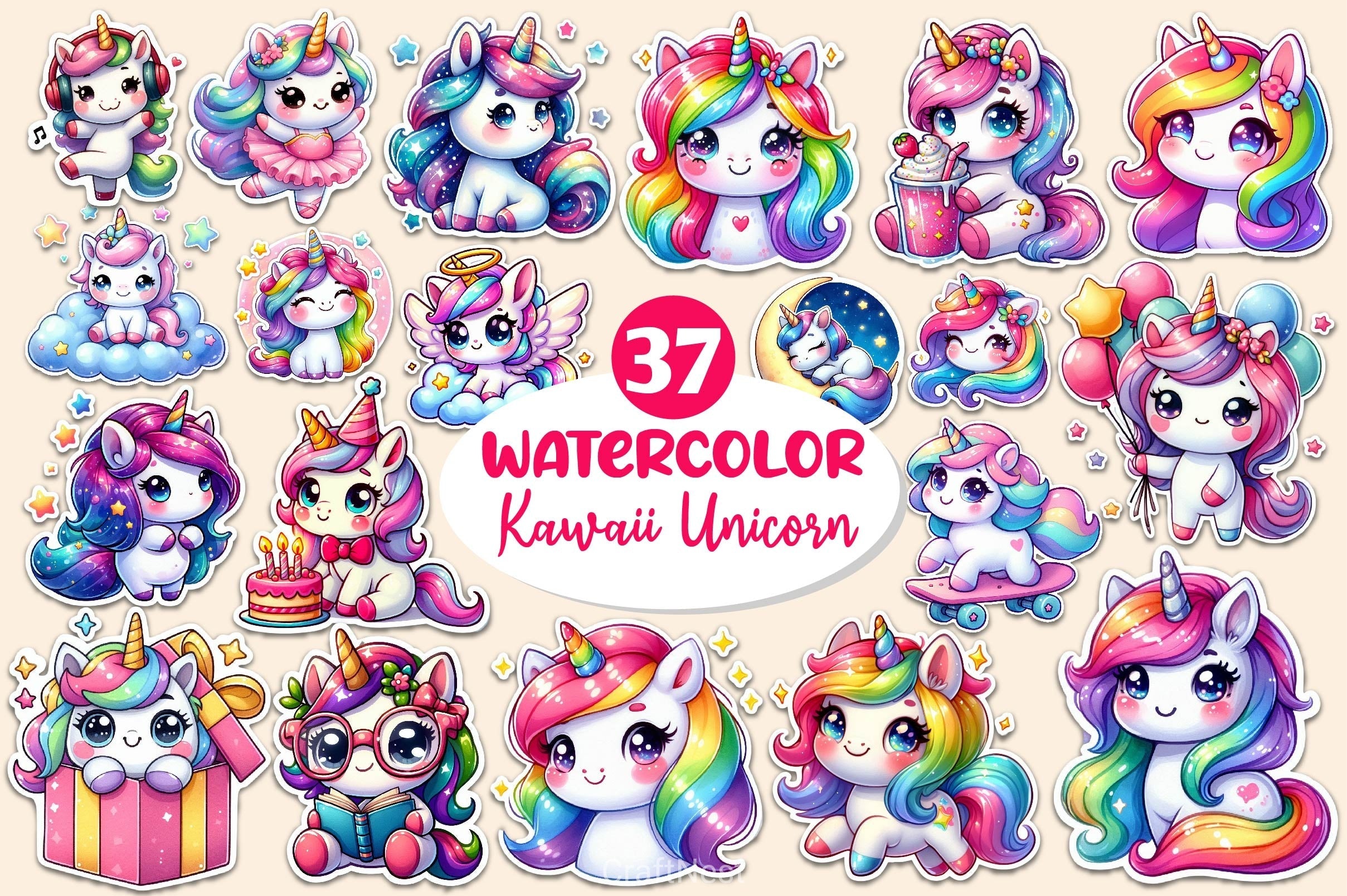 Kawaii Cute Unicorn Stickers Sticker Clipart Bundle
