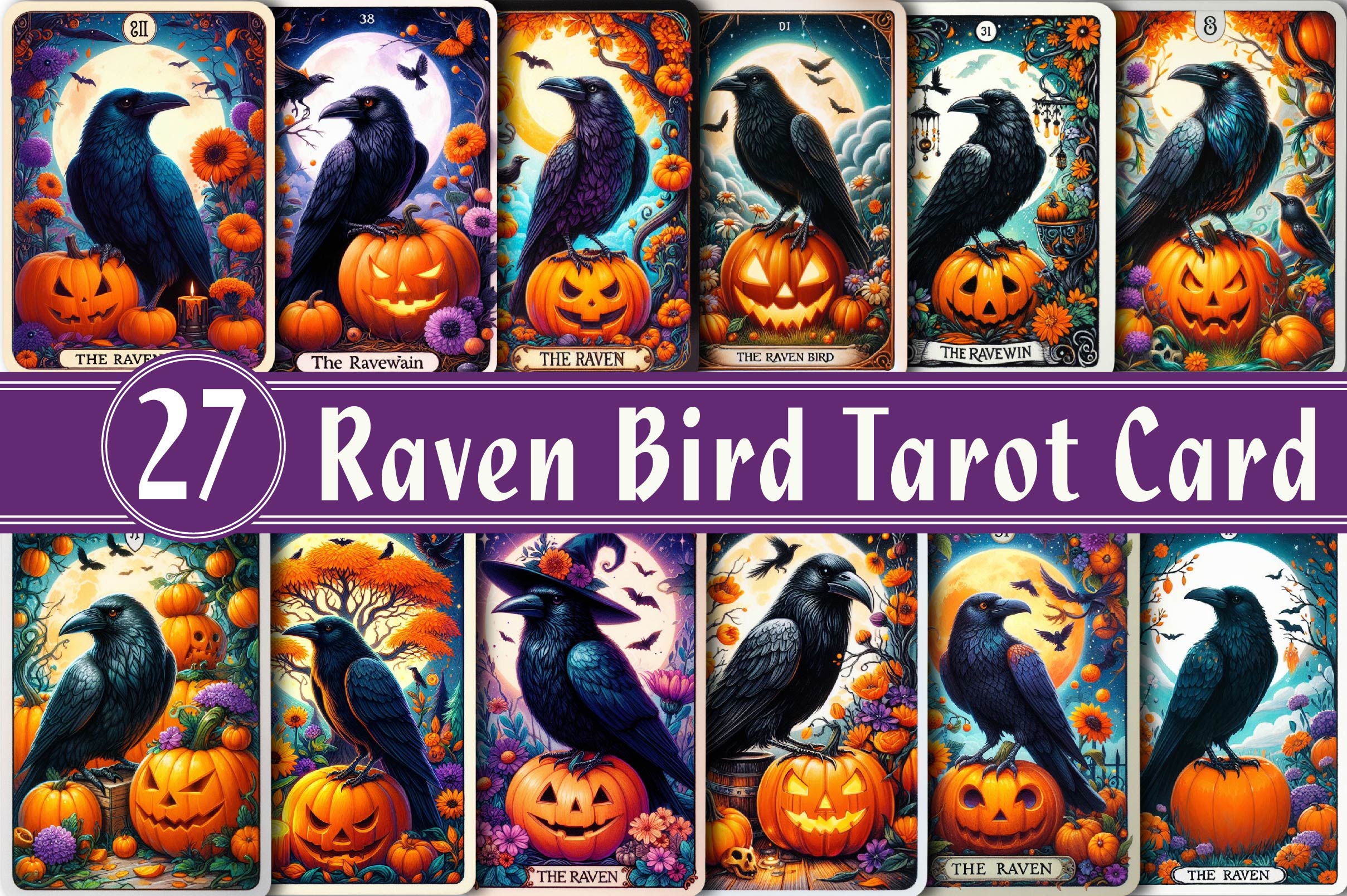 Halloween Raven Bird Tarot Card Clipart Bundle