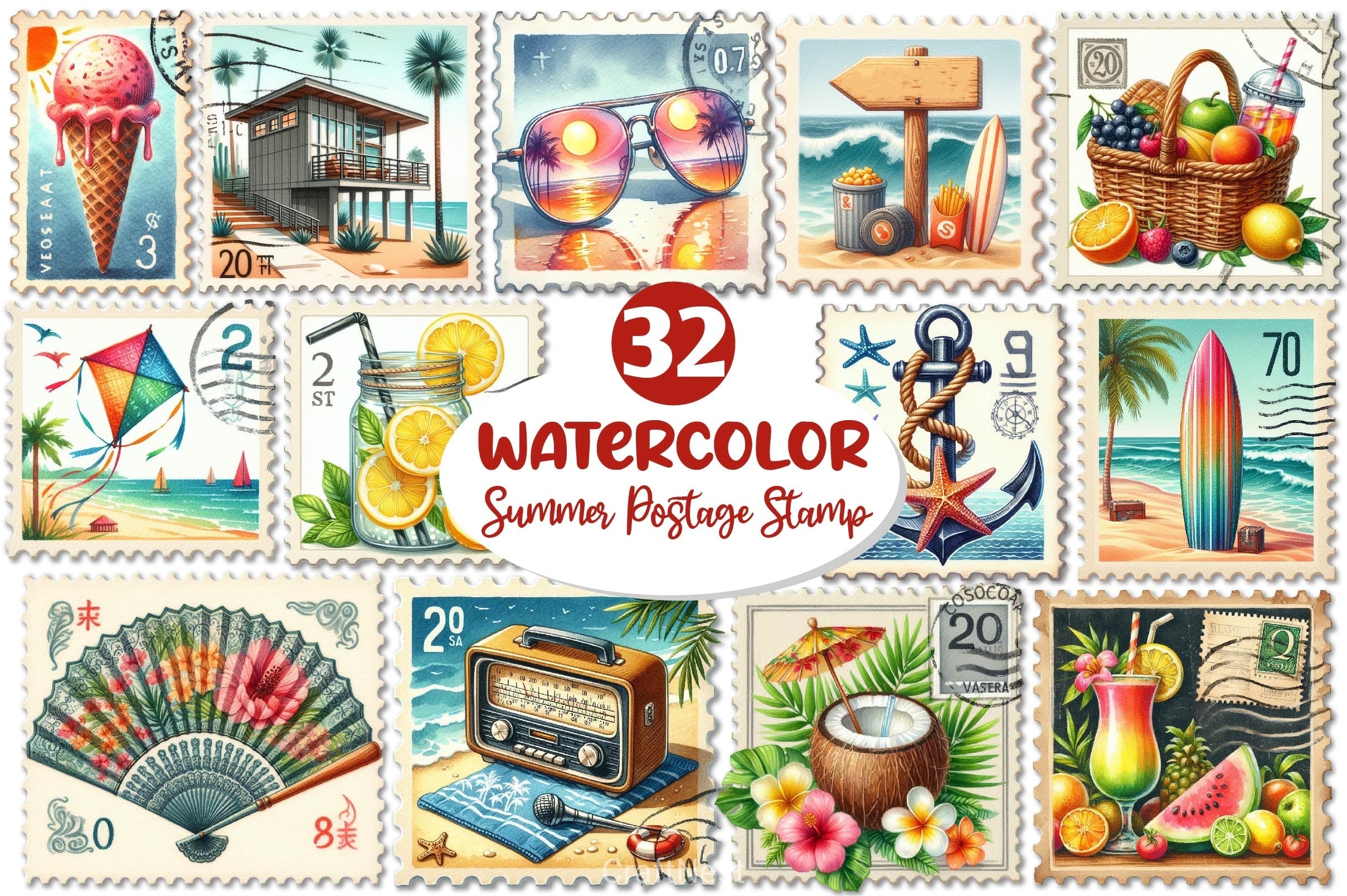 Summer Beach Postage Stamp Clipart Bundle