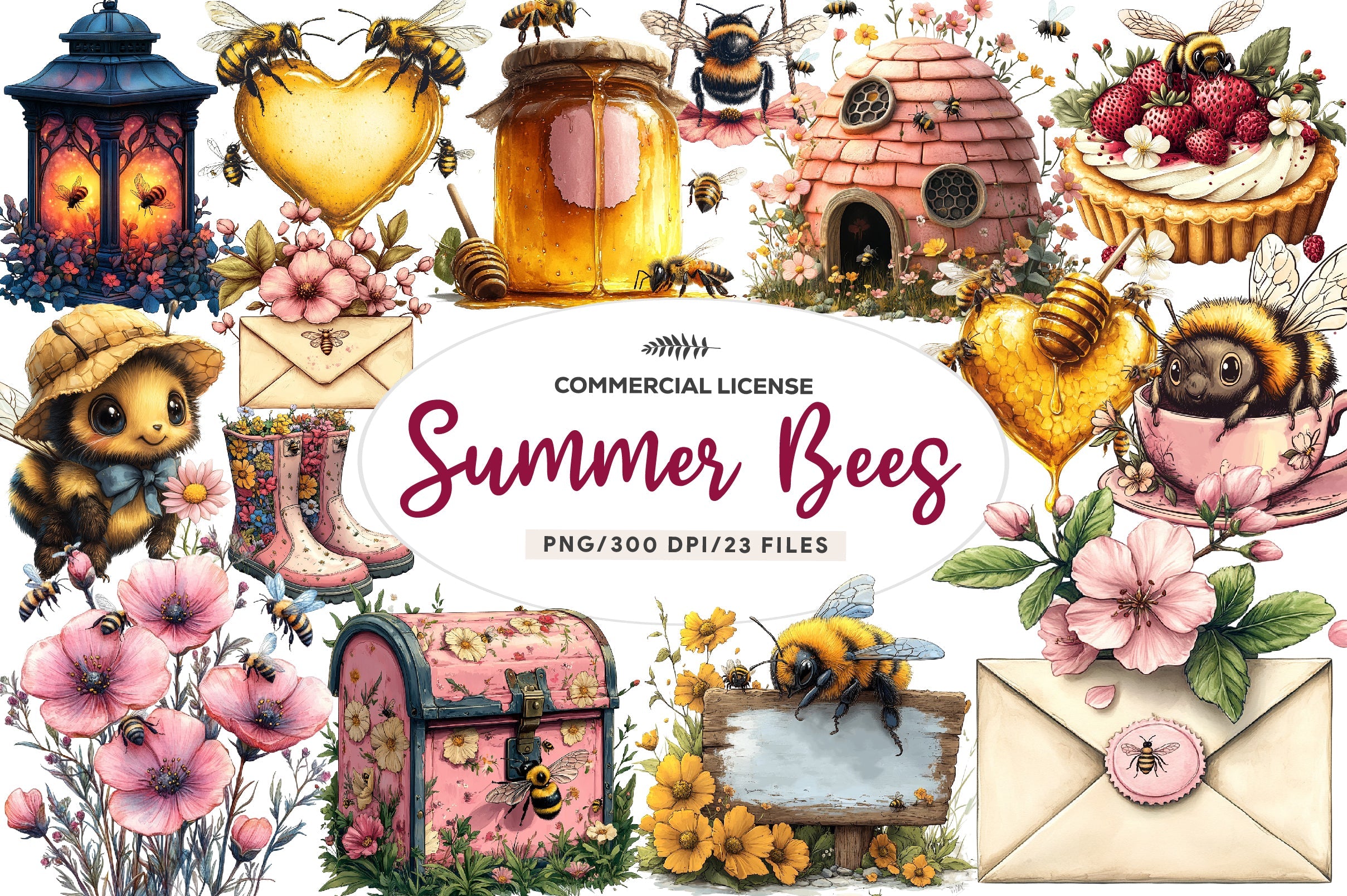 Pink Summer Bees Garden Clipart Bundle