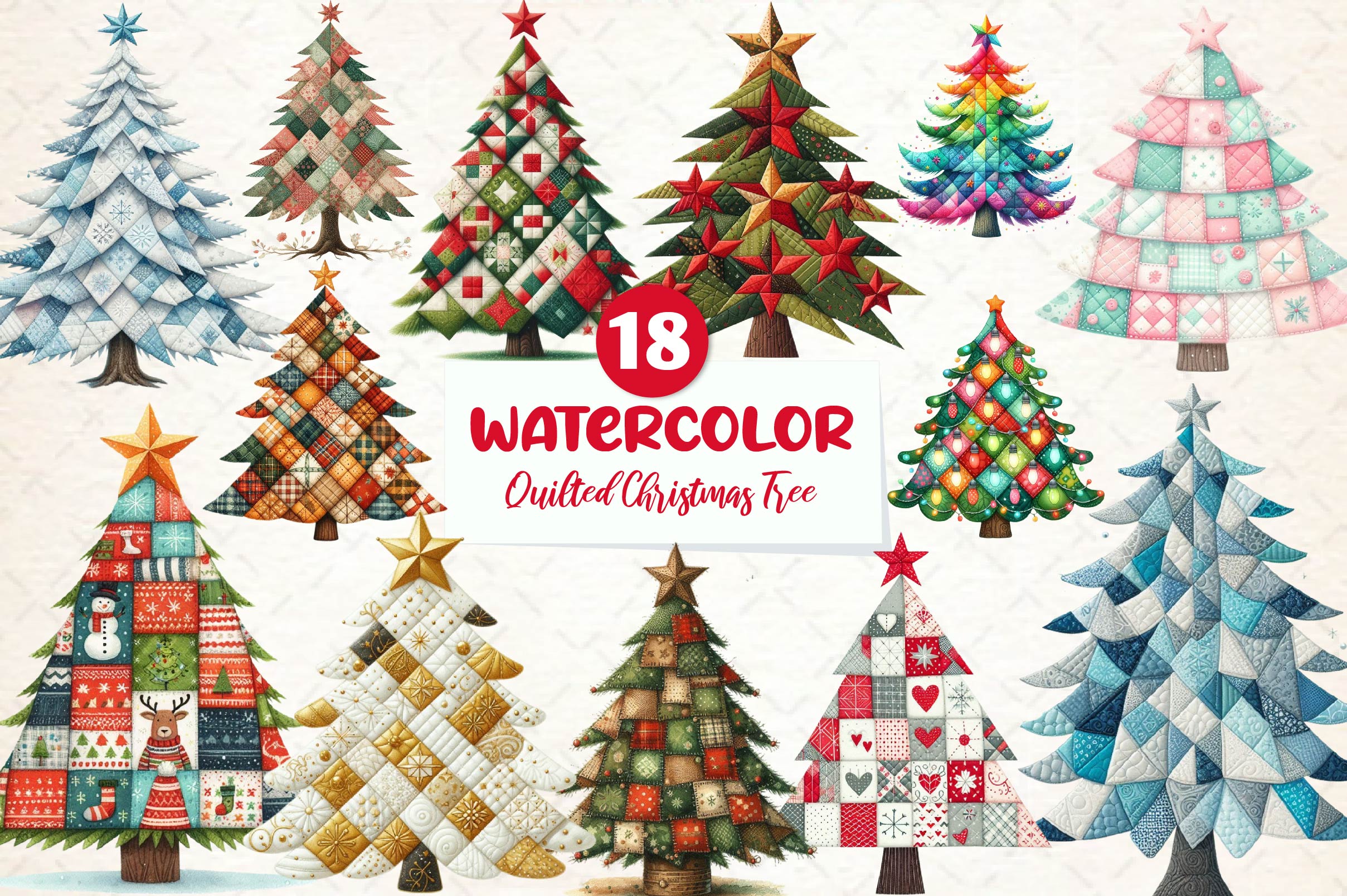 Quilted Christmas Tree Border Clipart Bundle