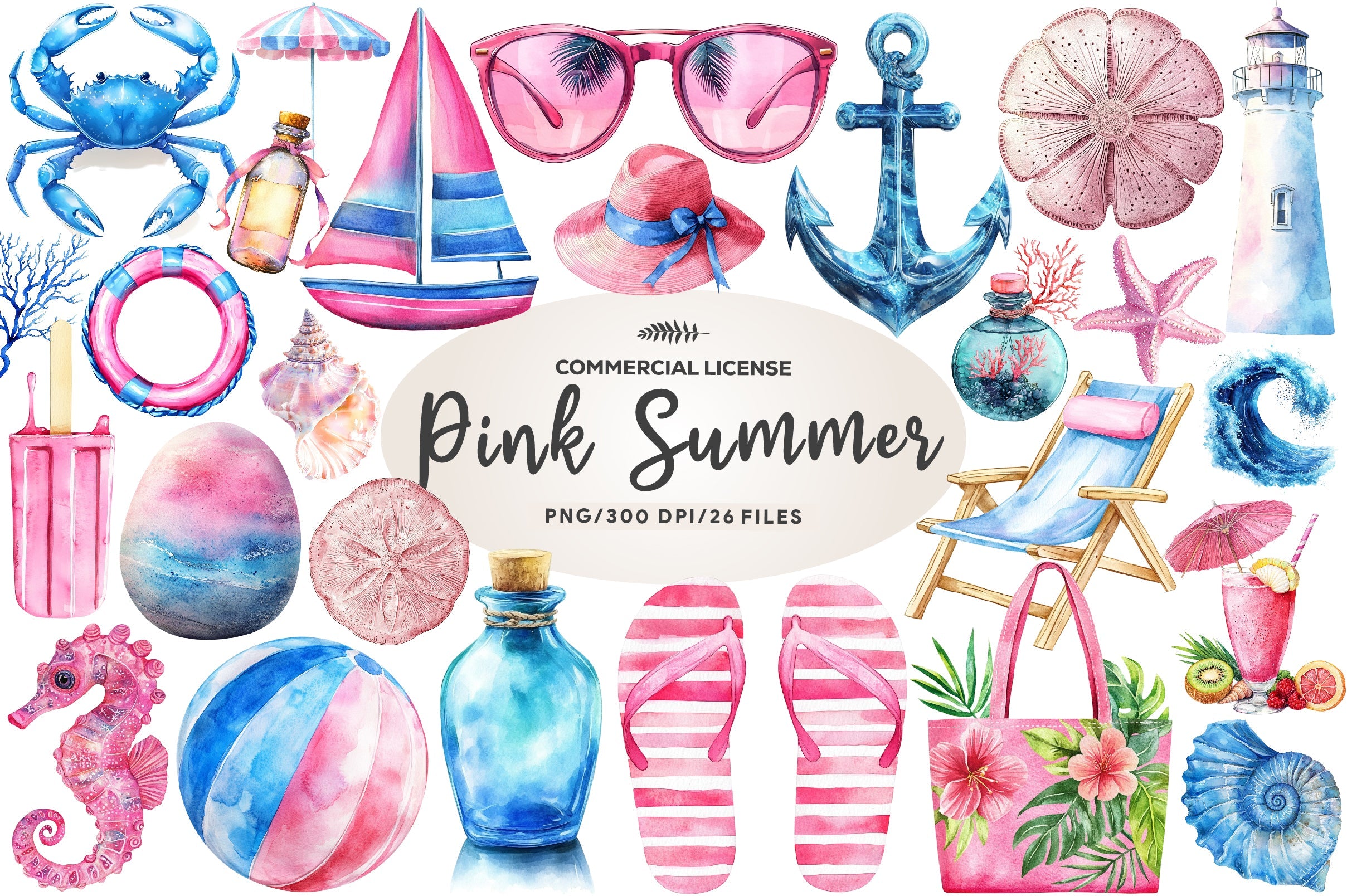 Summer Pink & Blue Coastal Clipart Bundle